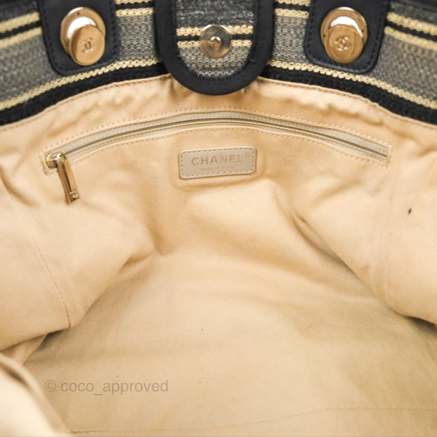 Chanel Medium Deauville Tote Stripe Navy/Grey Canvas Silver Hardware