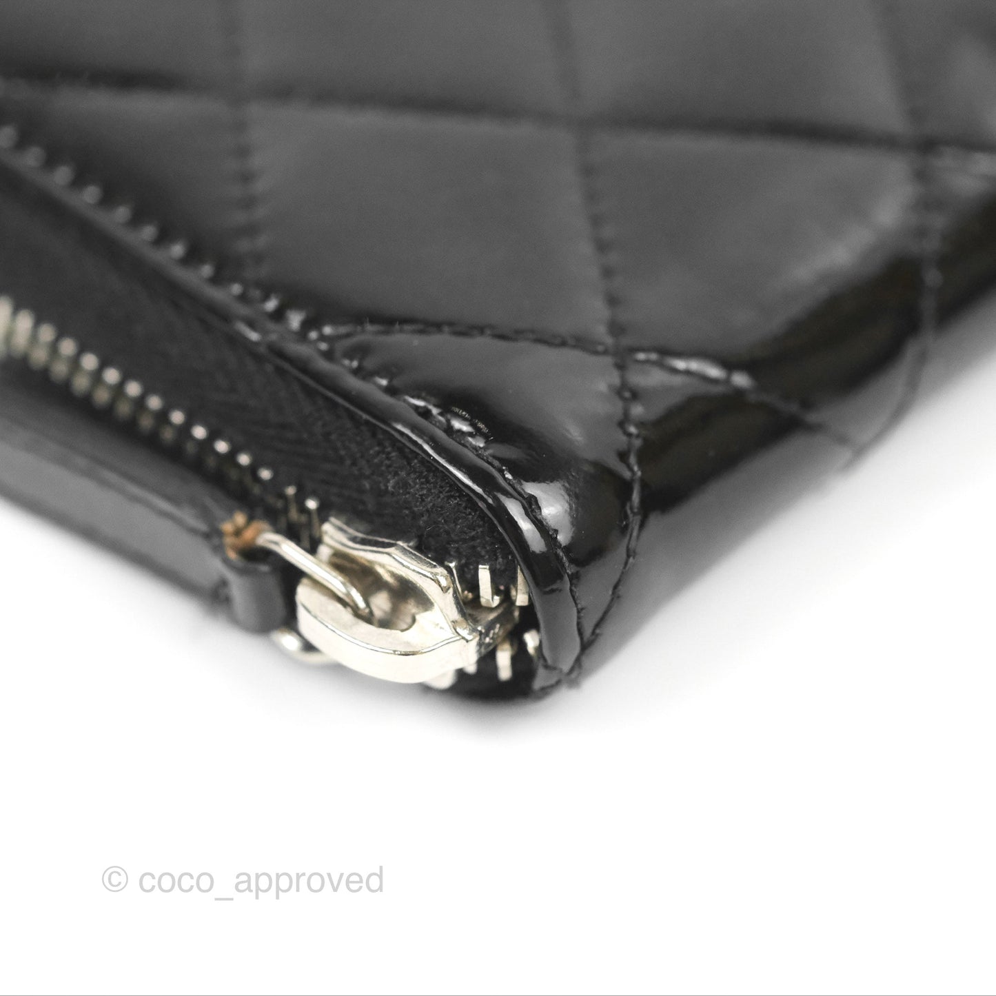 Chanel Classic Zip Long Wallet Quilted Black Patent Silver Hardware