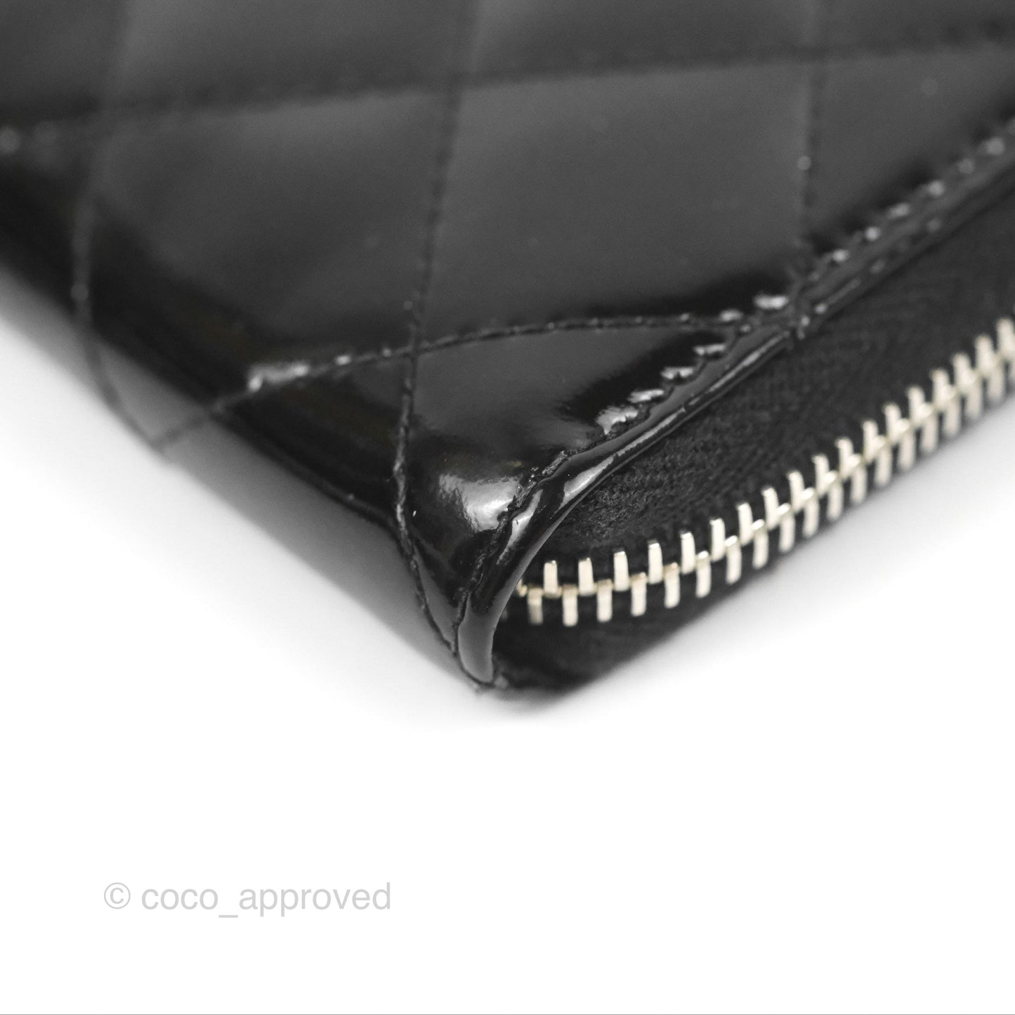 Chanel Classic Zip Long Wallet Quilted Black Patent Silver Hardware