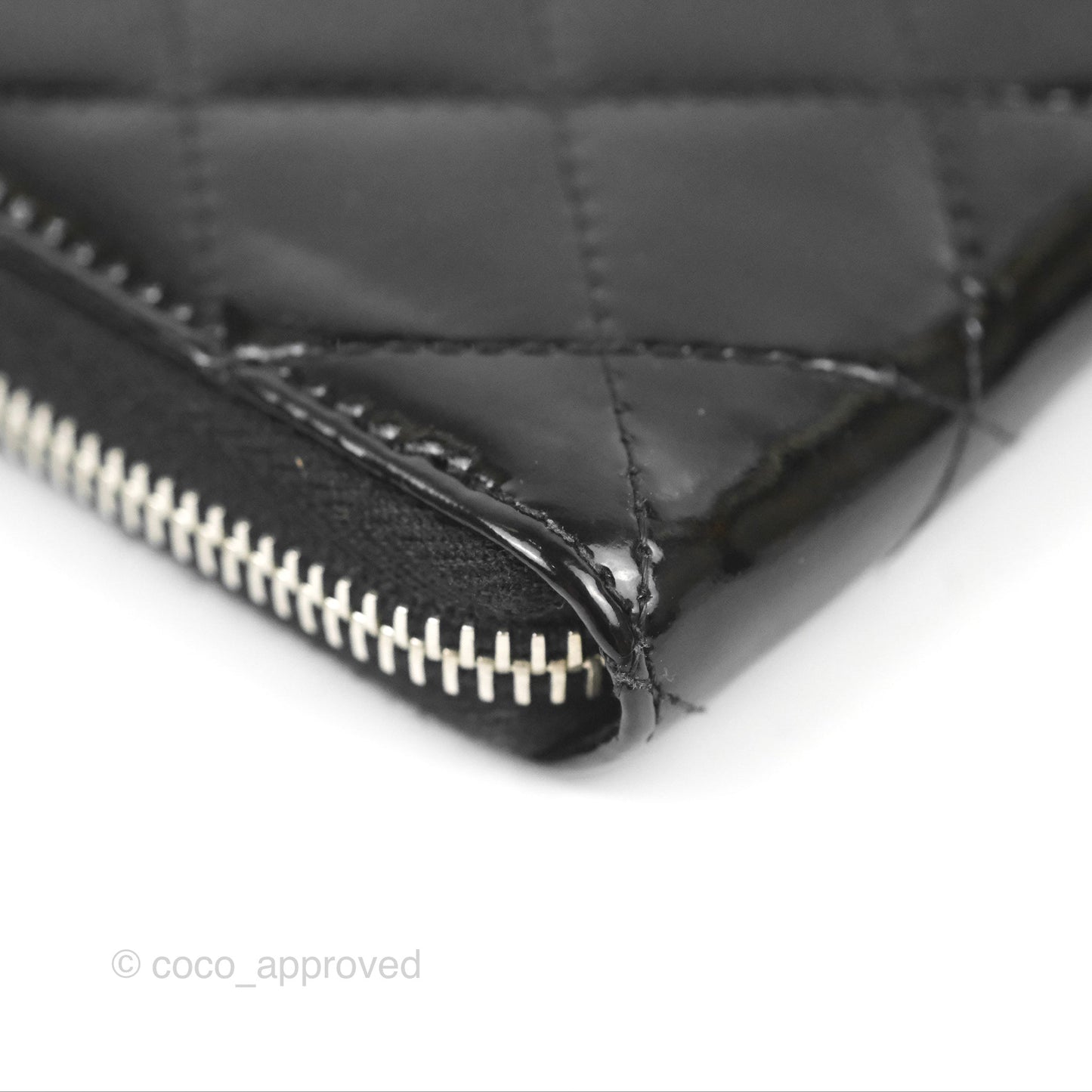 Chanel Classic Zip Long Wallet Quilted Black Patent Silver Hardware