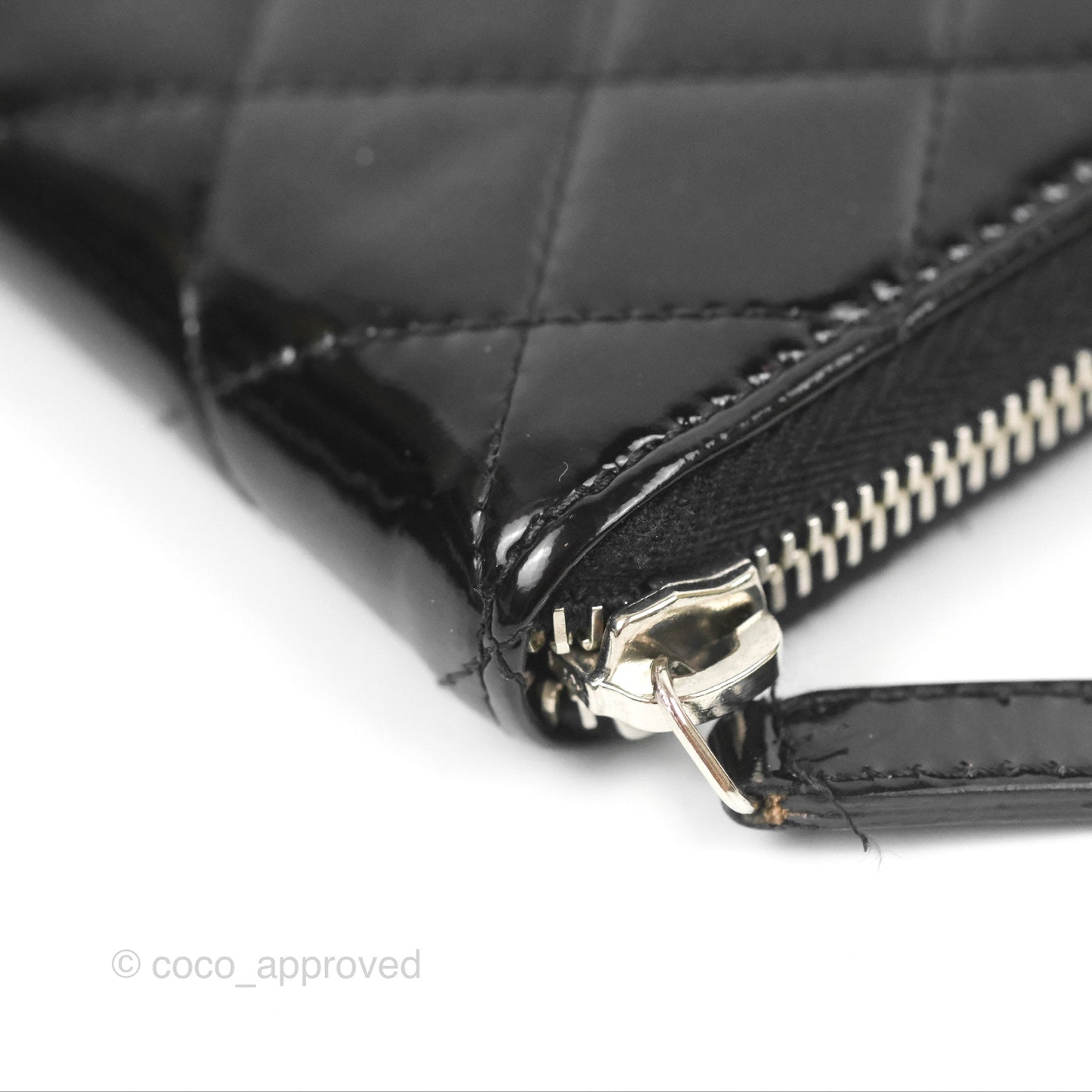 Chanel Classic Zip Long Wallet Quilted Black Patent Silver Hardware