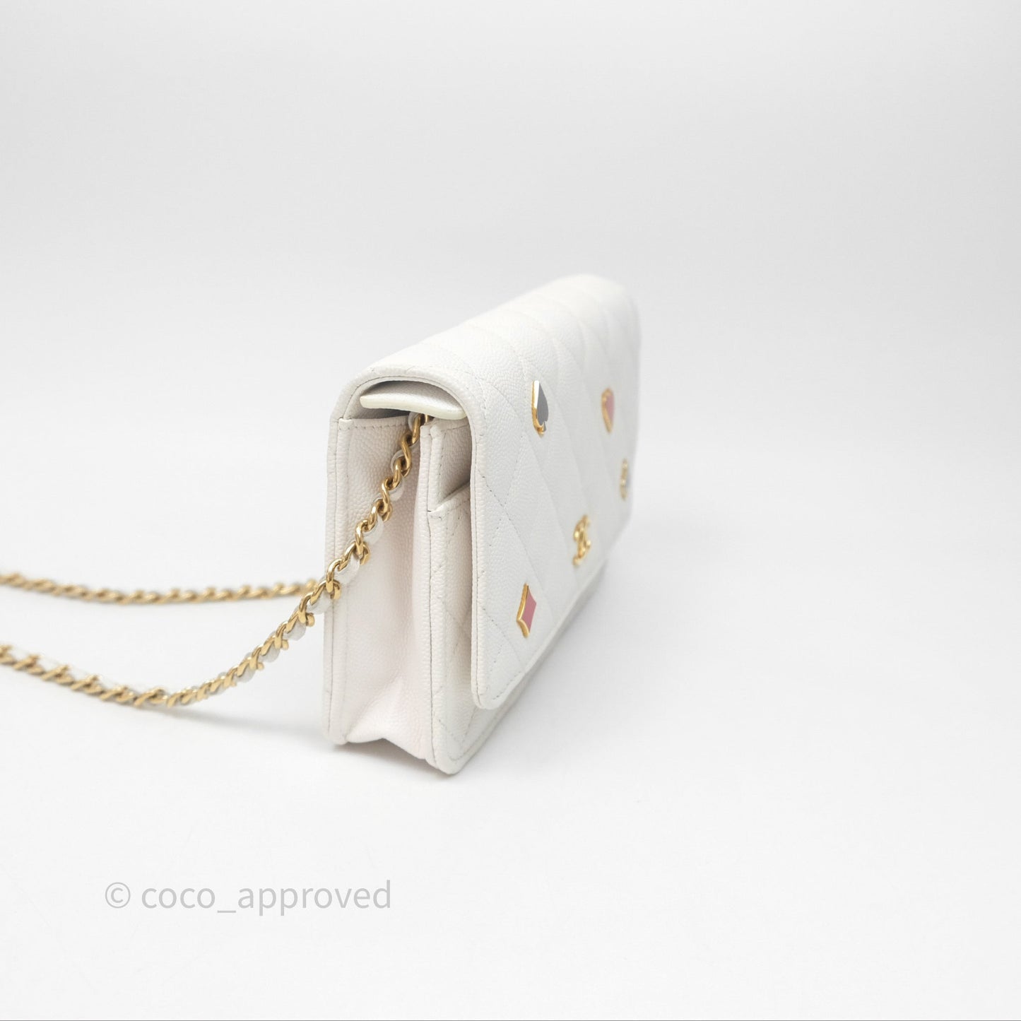 Chanel Quilted Classic Poker Wallet on Chain WOC White Caviar Gold Hardware