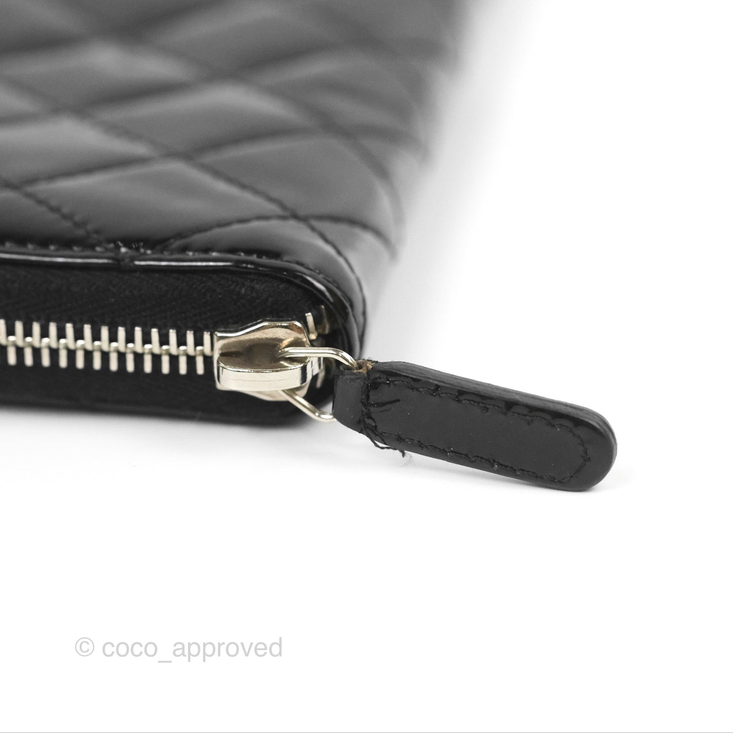 Chanel Classic Zip Long Wallet Quilted Black Patent Silver Hardware