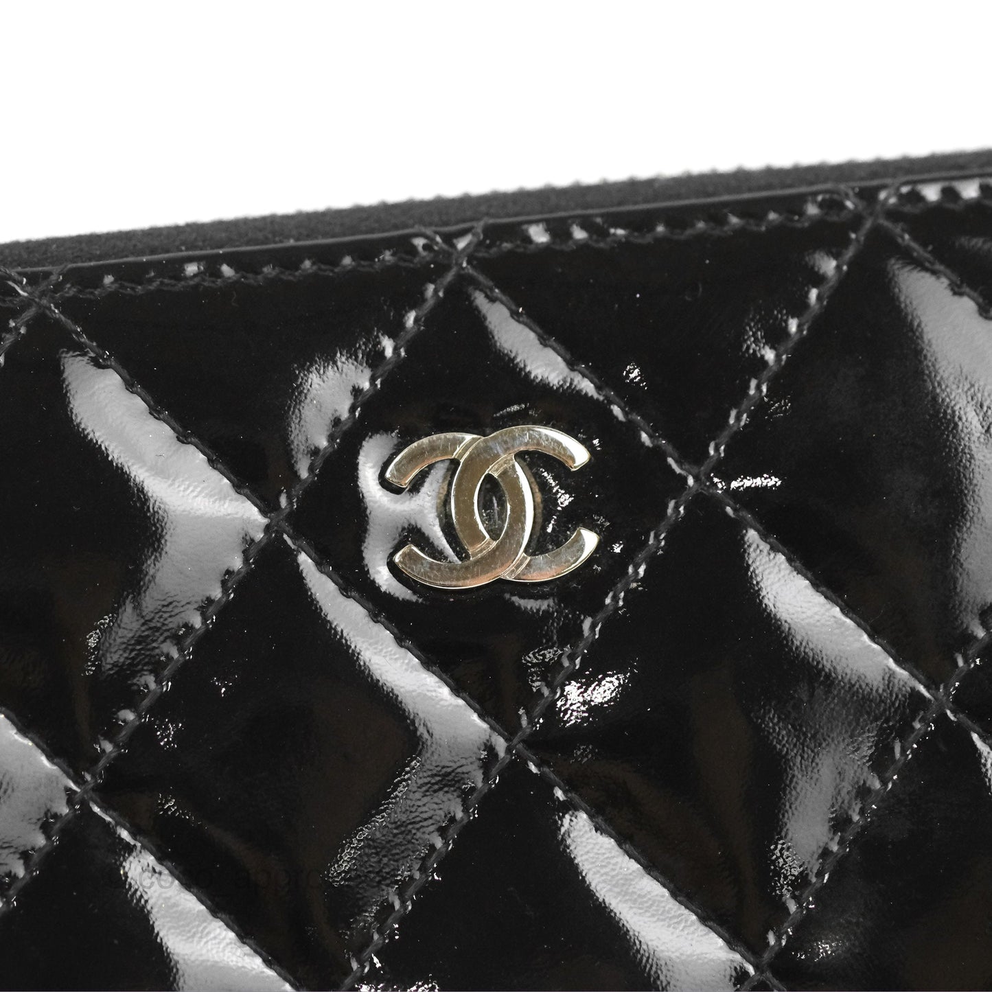 Chanel Classic Zip Long Wallet Quilted Black Patent Silver Hardware