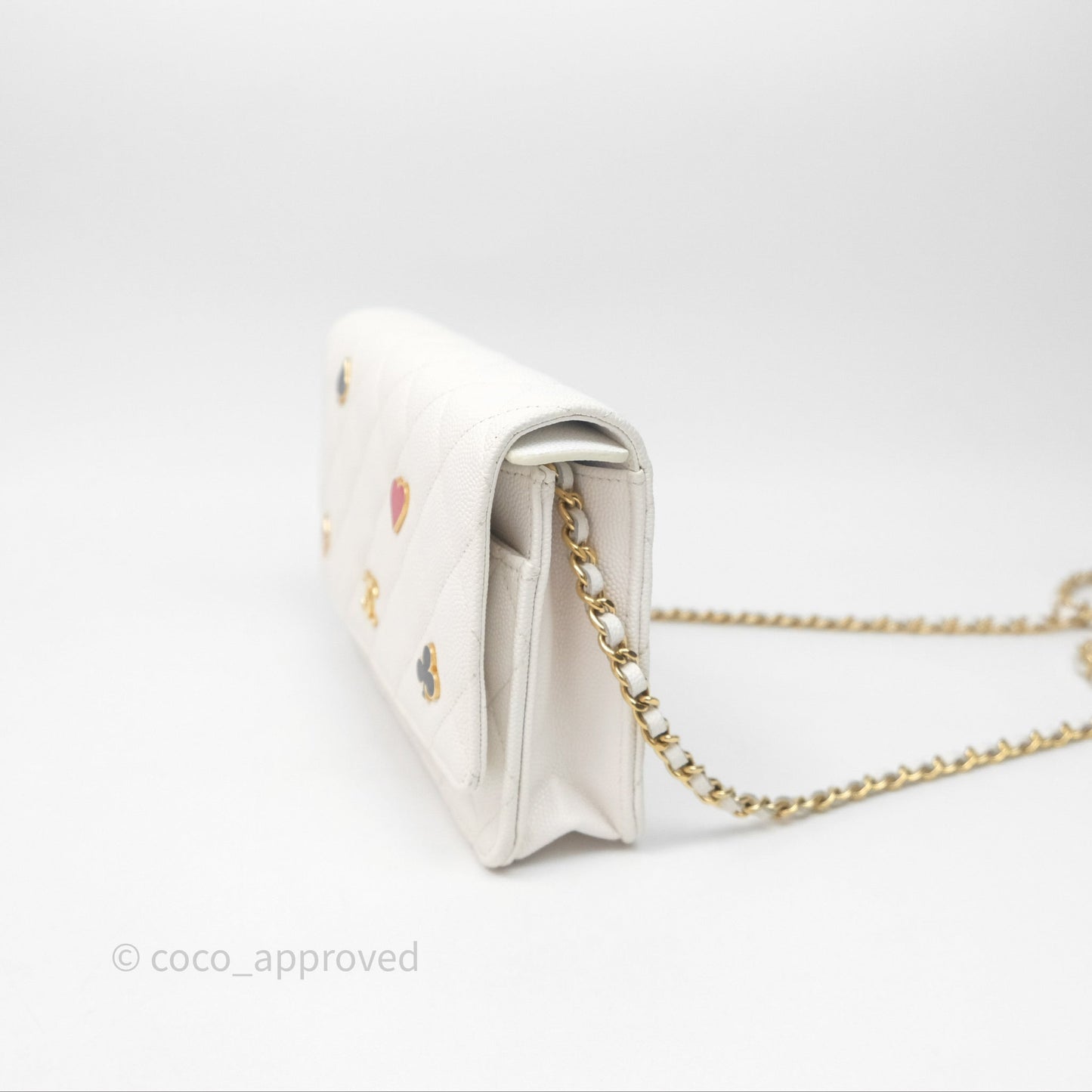 Chanel Quilted Classic Poker Wallet on Chain WOC White Caviar Gold Hardware