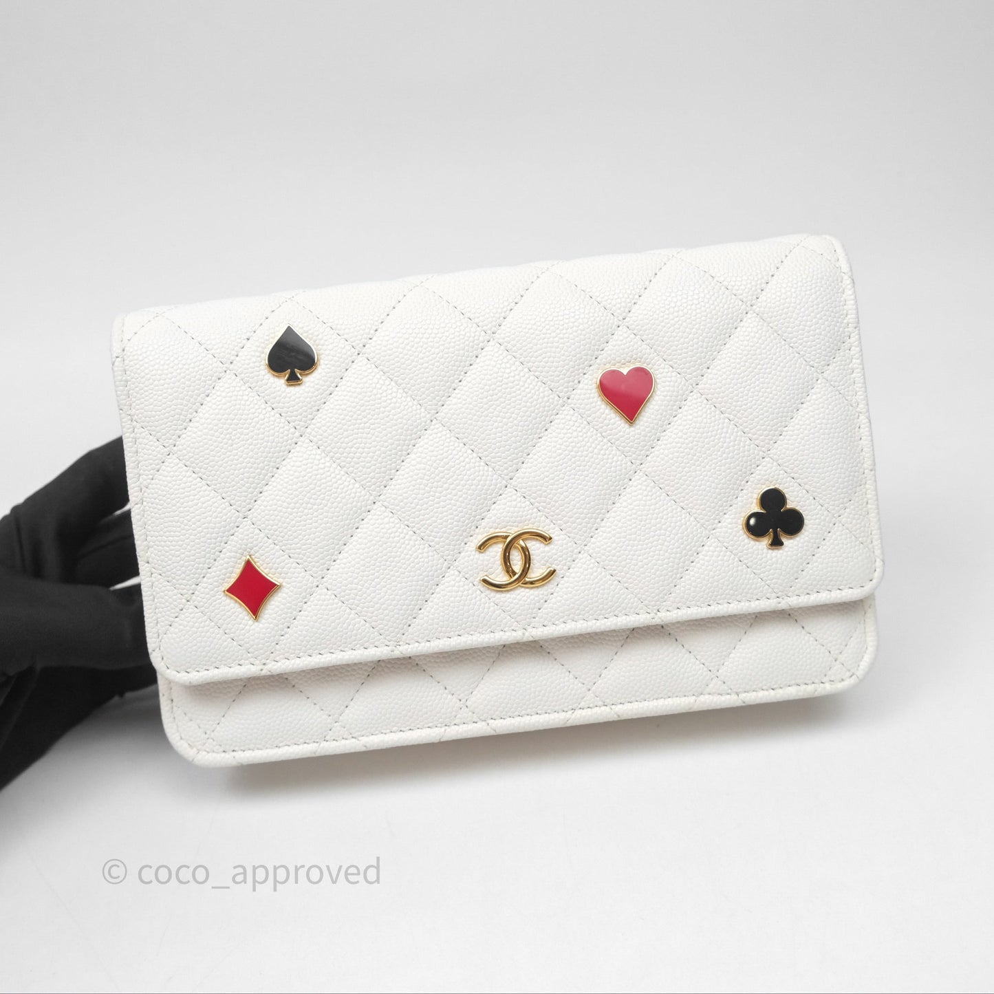 Chanel Quilted Classic Poker Wallet on Chain WOC White Caviar Gold Hardware