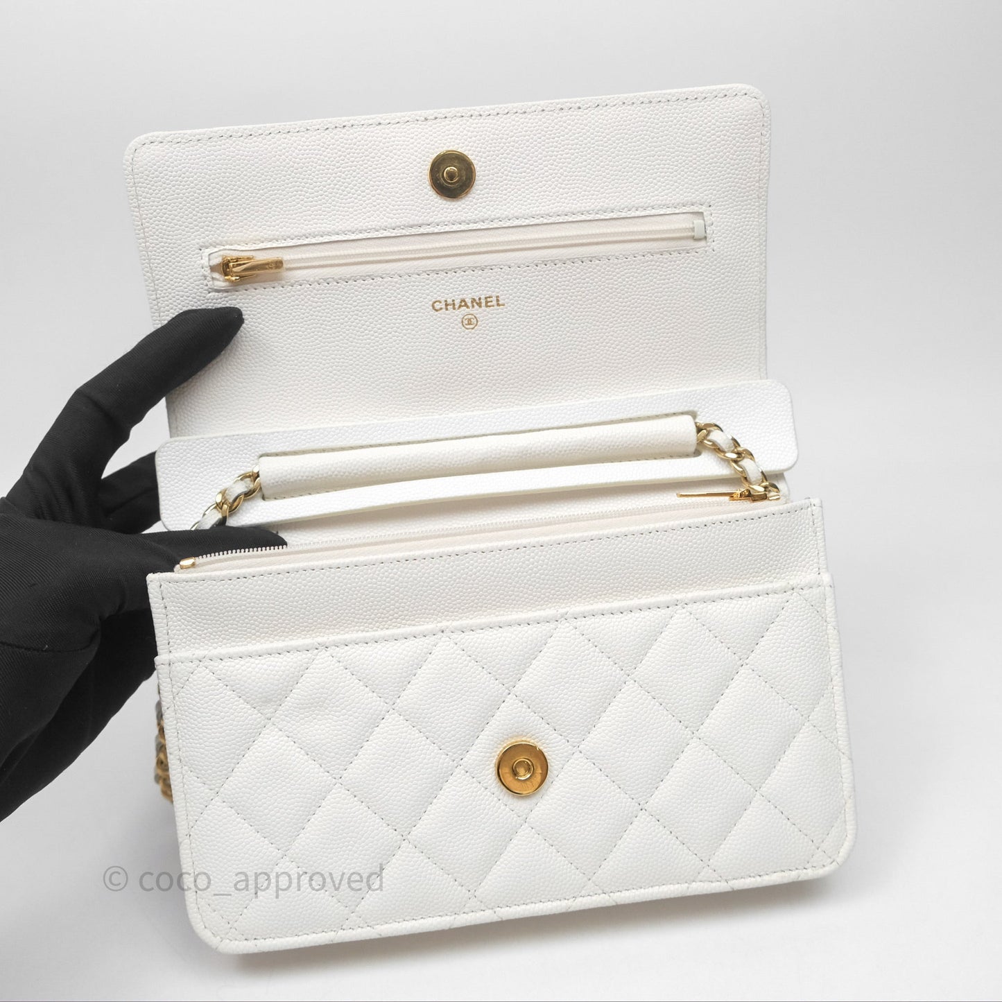 Chanel Quilted Classic Poker Wallet on Chain WOC White Caviar Gold Hardware