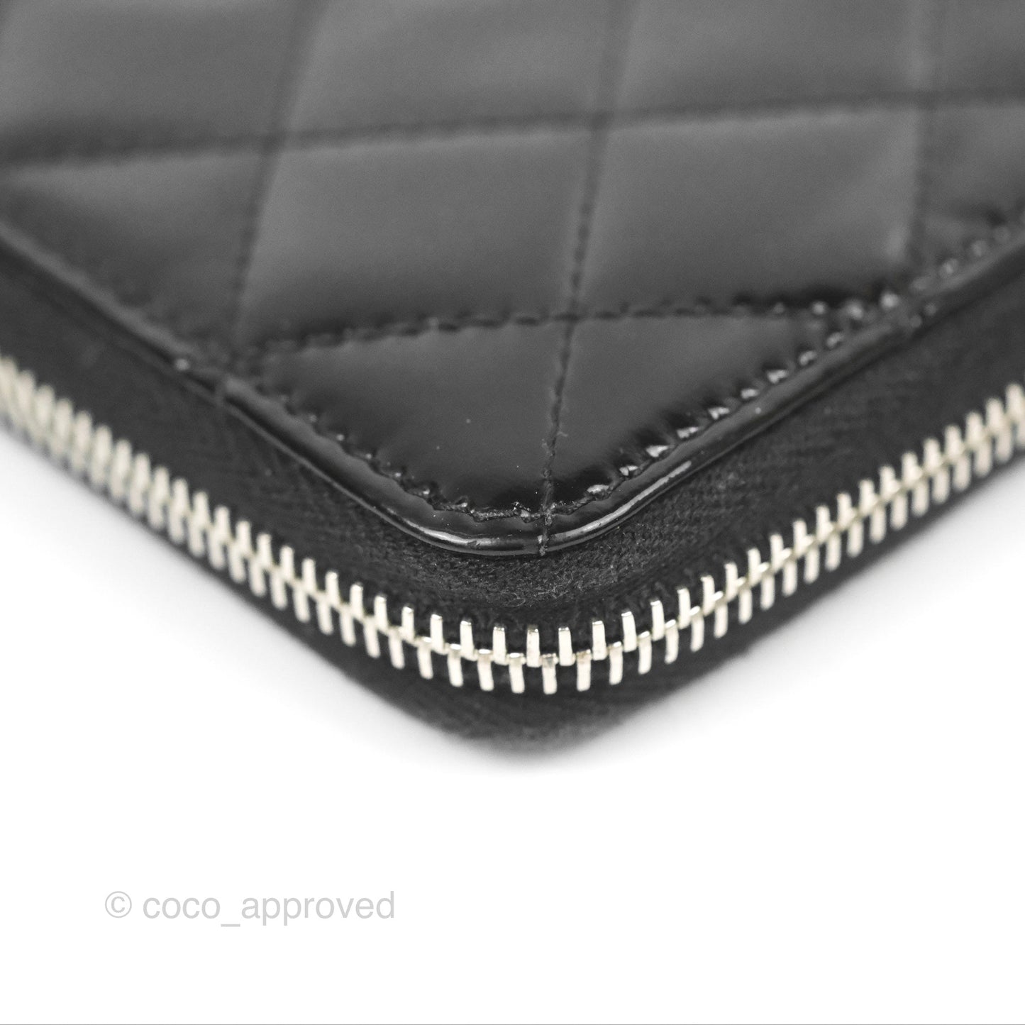Chanel Classic Zip Long Wallet Quilted Black Patent Silver Hardware