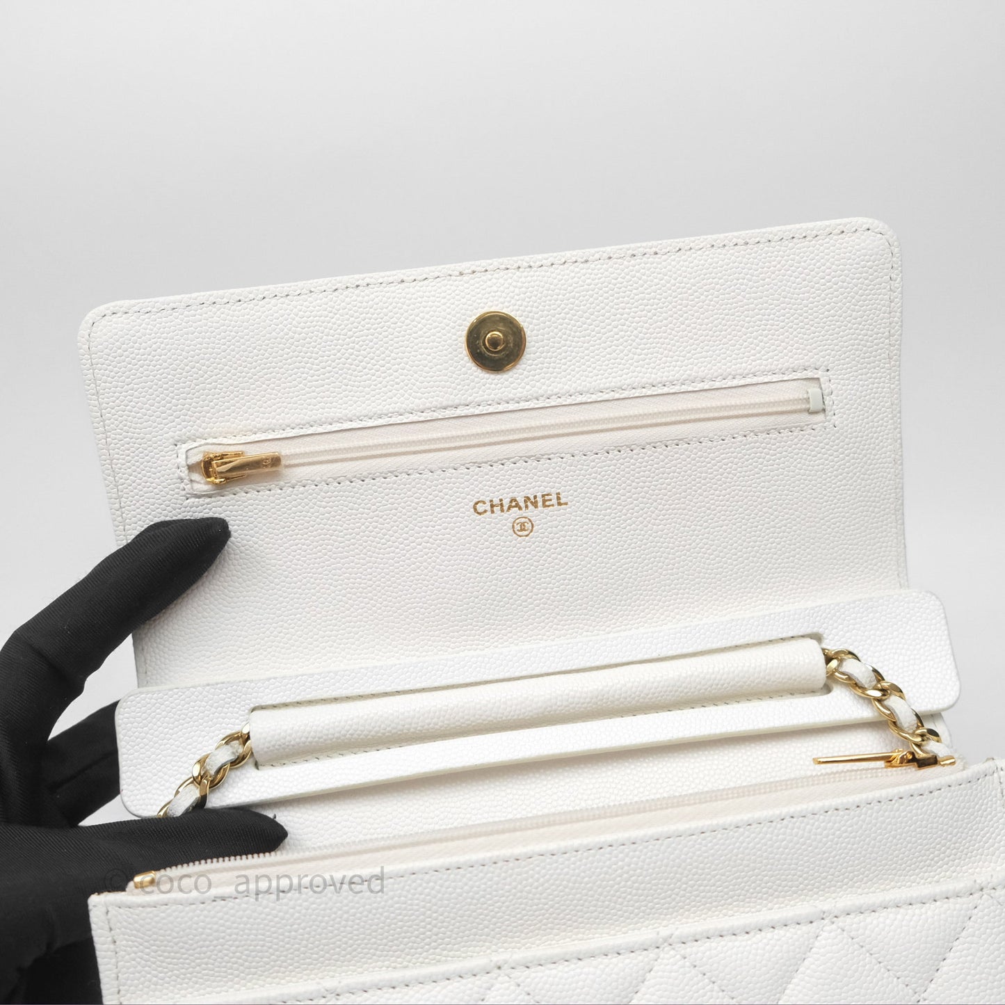 Chanel Quilted Classic Poker Wallet on Chain WOC White Caviar Gold Hardware