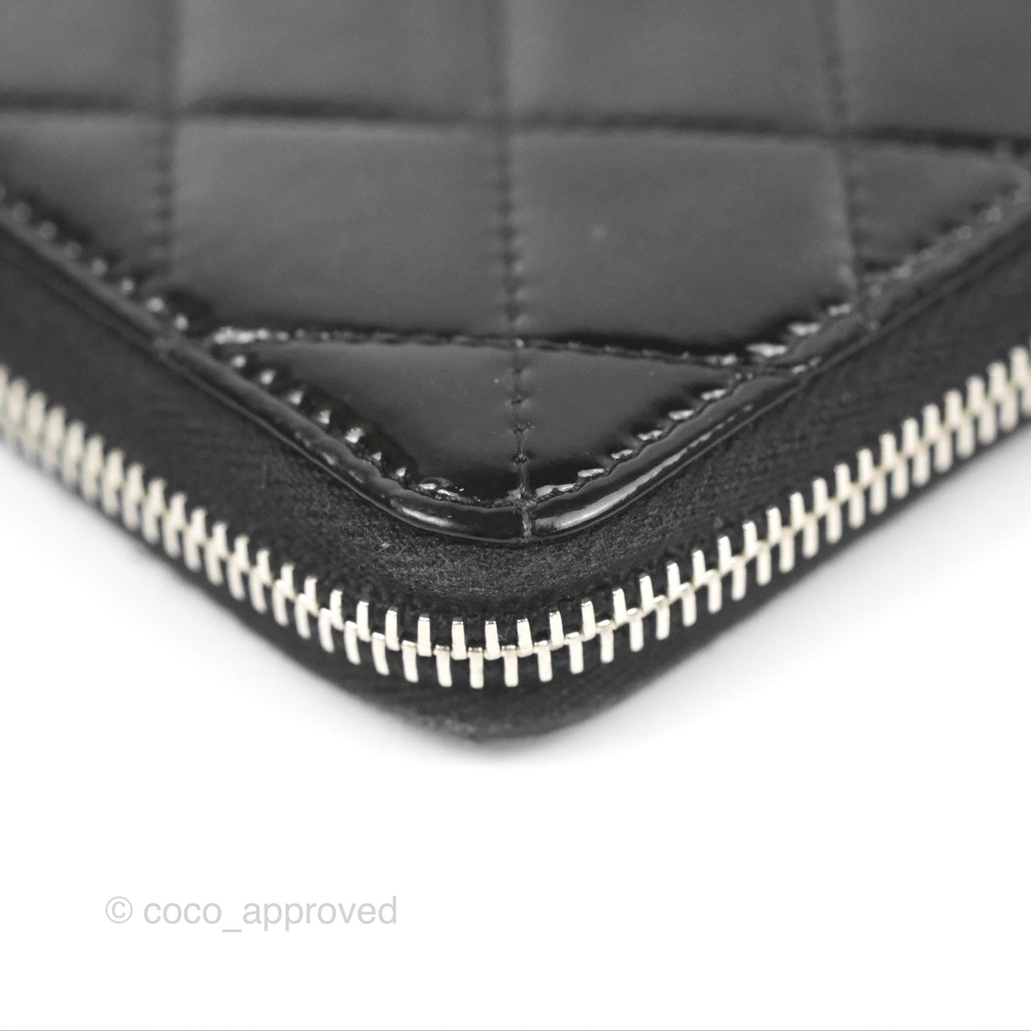 Chanel Classic Zip Long Wallet Quilted Black Patent Silver Hardware
