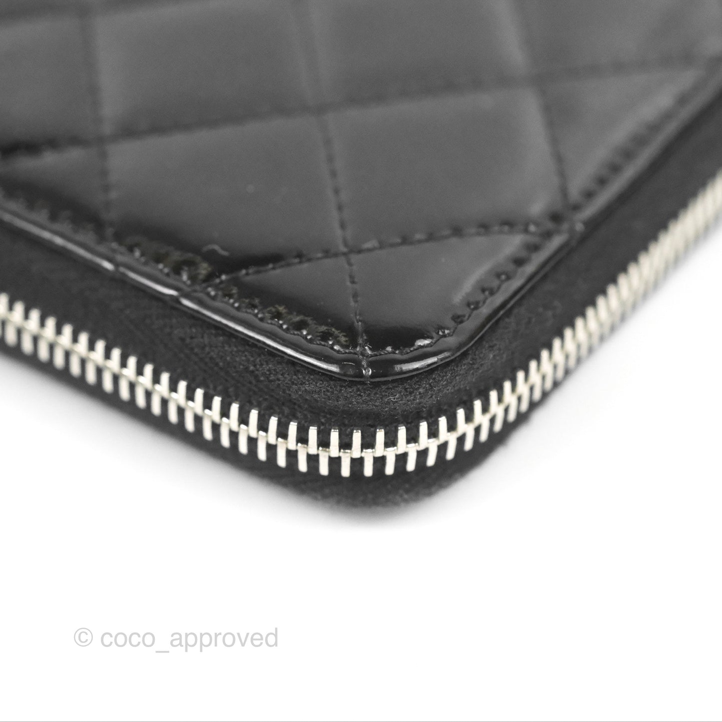 Chanel Classic Zip Long Wallet Quilted Black Patent Silver Hardware