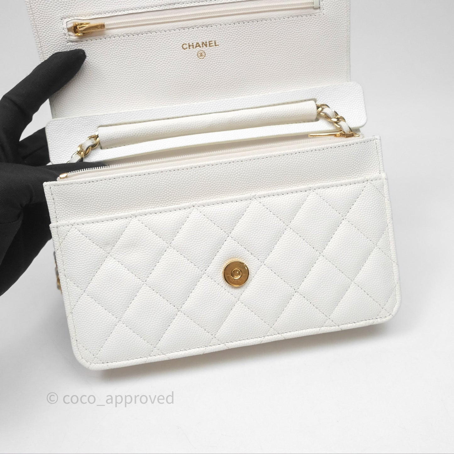 Chanel Quilted Classic Poker Wallet on Chain WOC White Caviar Gold Hardware