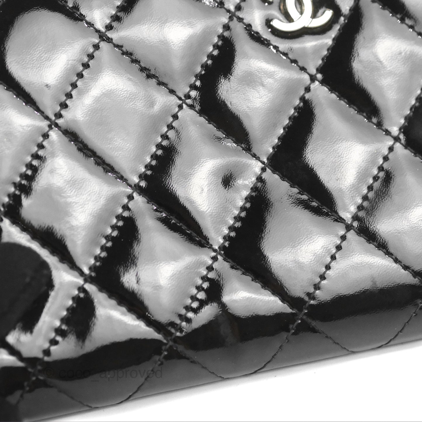Chanel Classic Zip Long Wallet Quilted Black Patent Silver Hardware