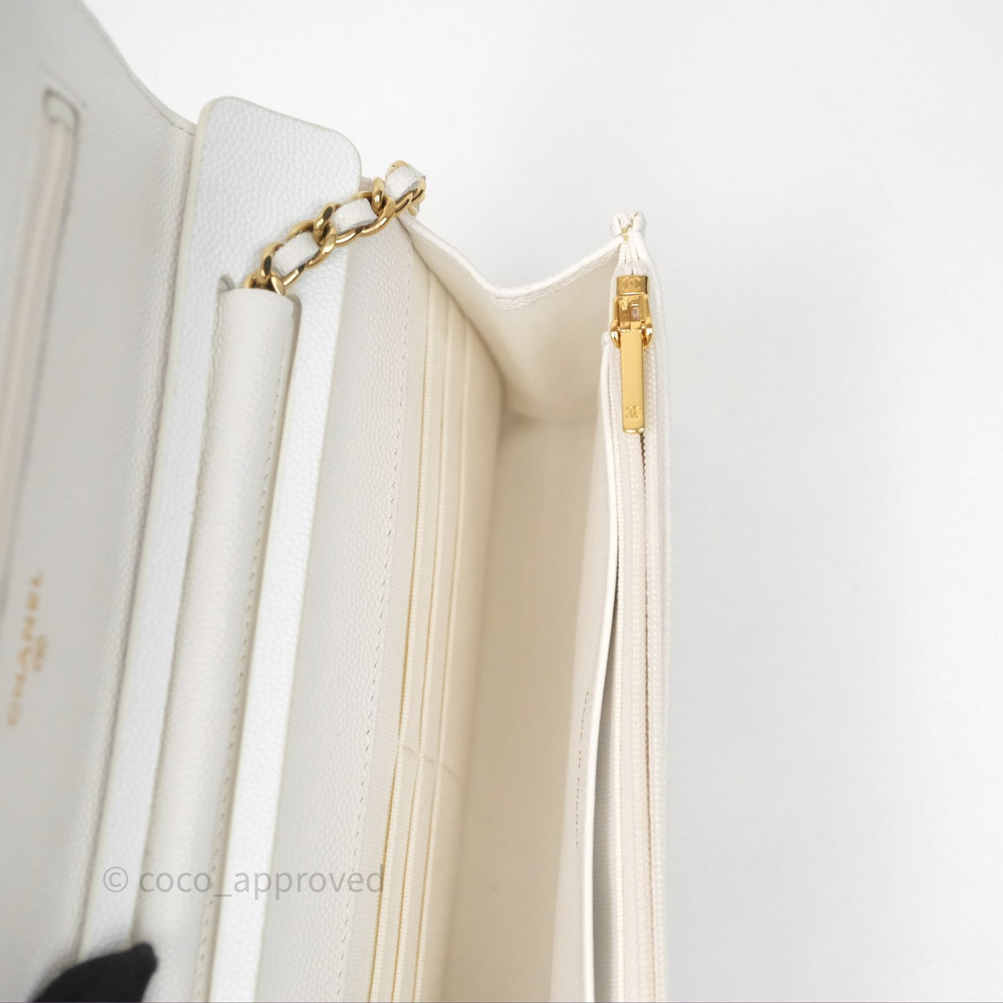 Chanel Quilted Classic Poker Wallet on Chain WOC White Caviar Gold Hardware