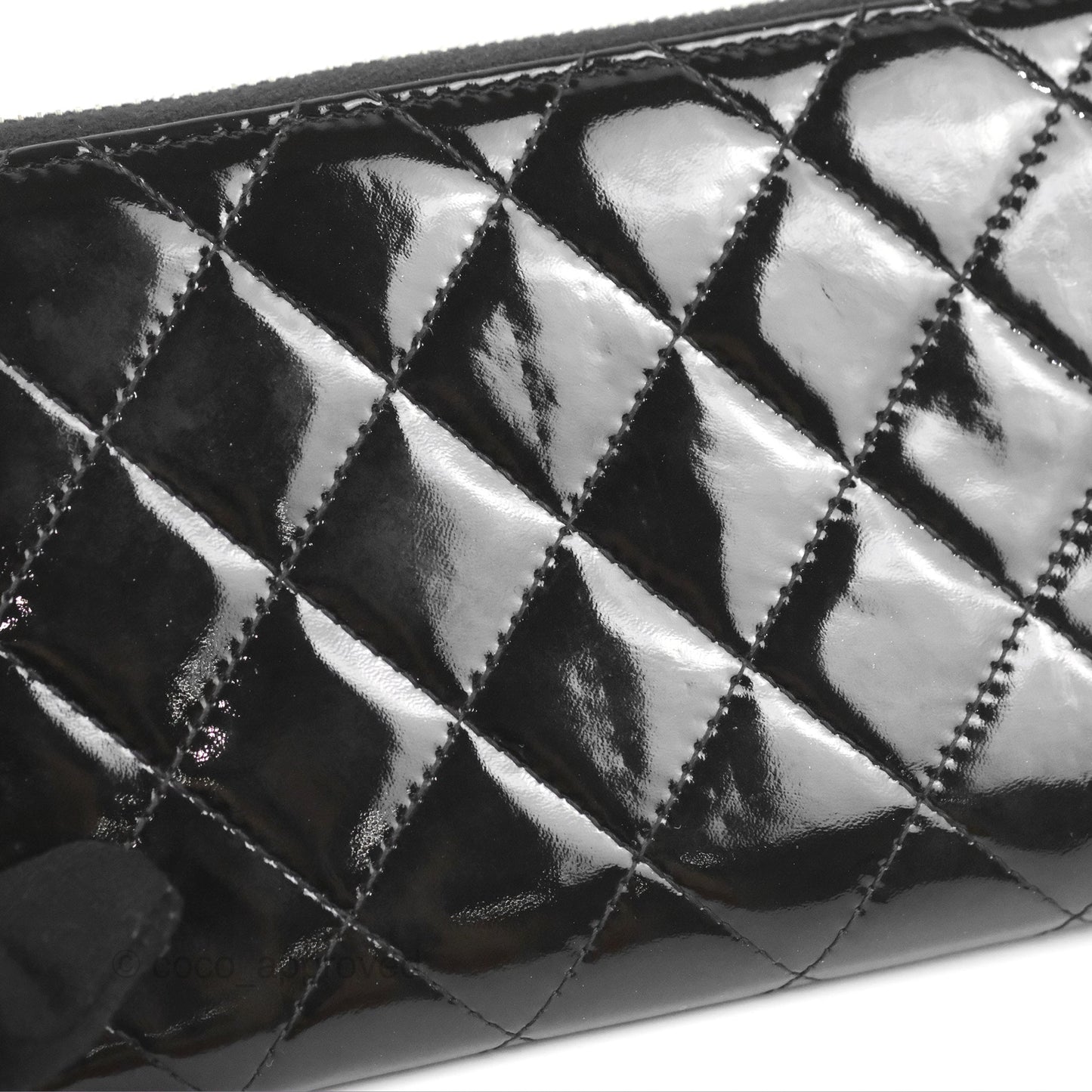 Chanel Classic Zip Long Wallet Quilted Black Patent Silver Hardware