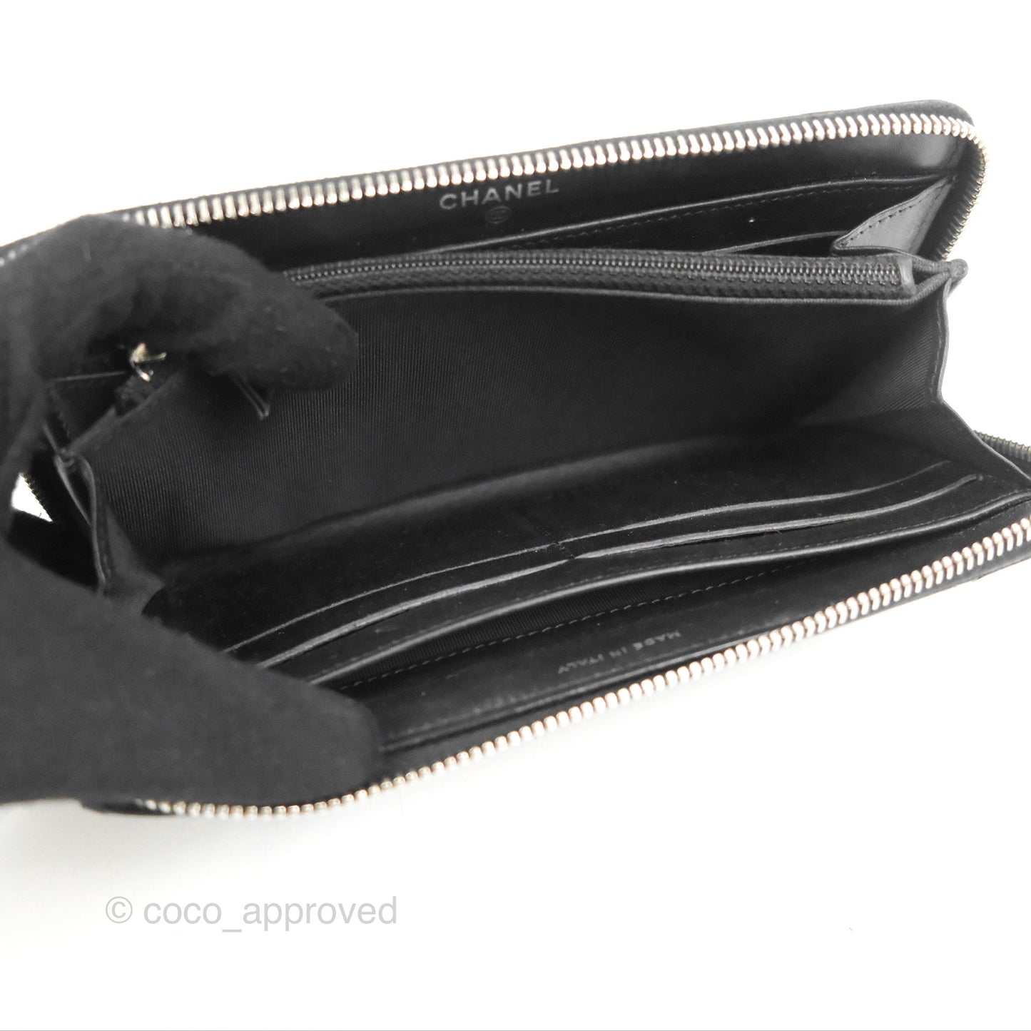 Chanel Classic Zip Long Wallet Quilted Black Patent Silver Hardware