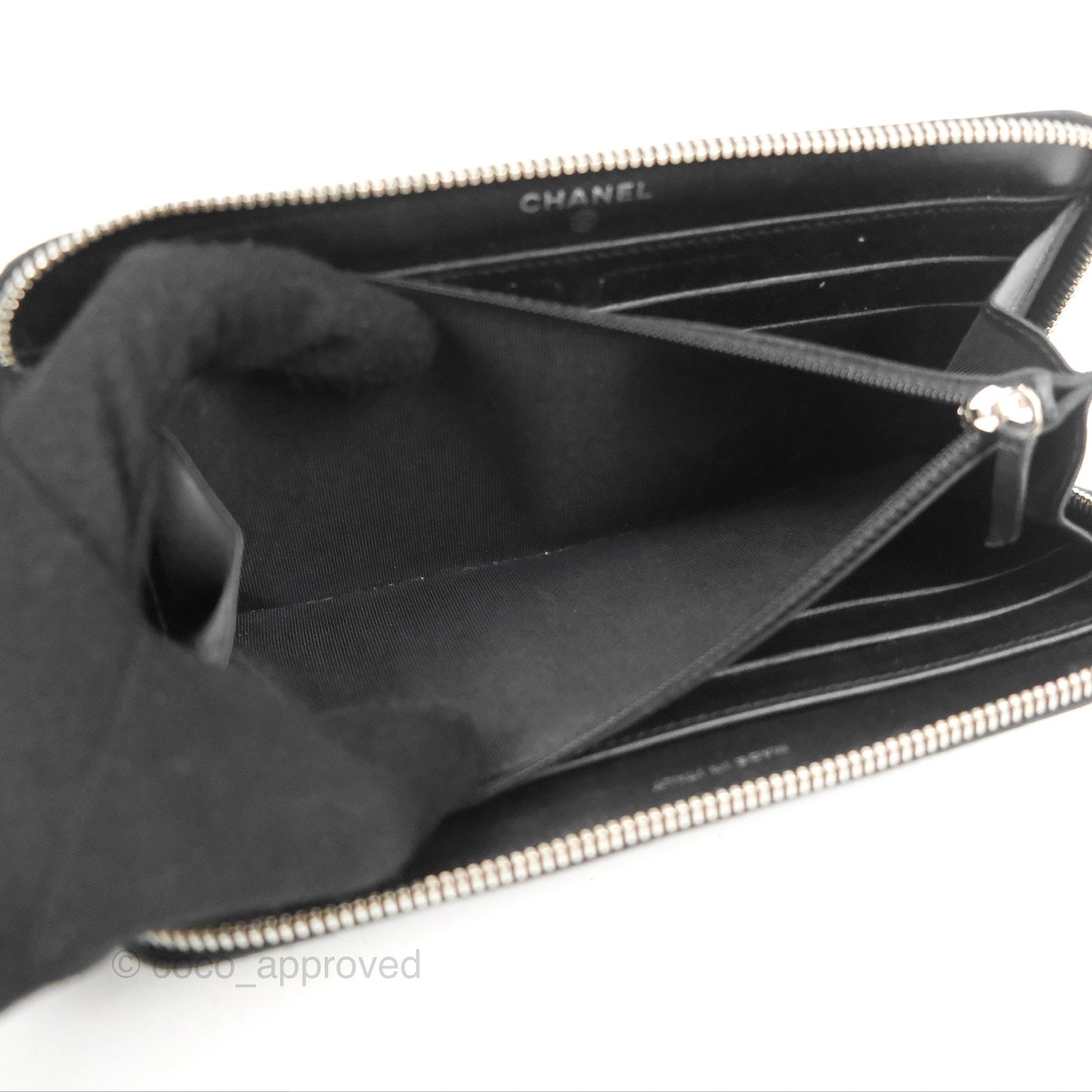 Chanel Classic Zip Long Wallet Quilted Black Patent Silver Hardware