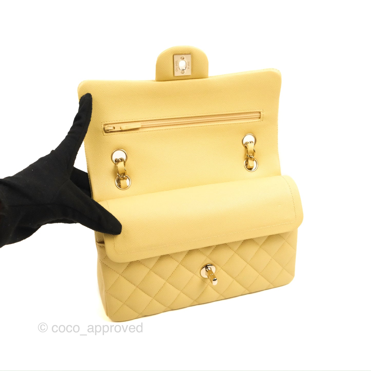 Chanel Small Classic Quilted Flap Yellow Caviar Gold Hardware