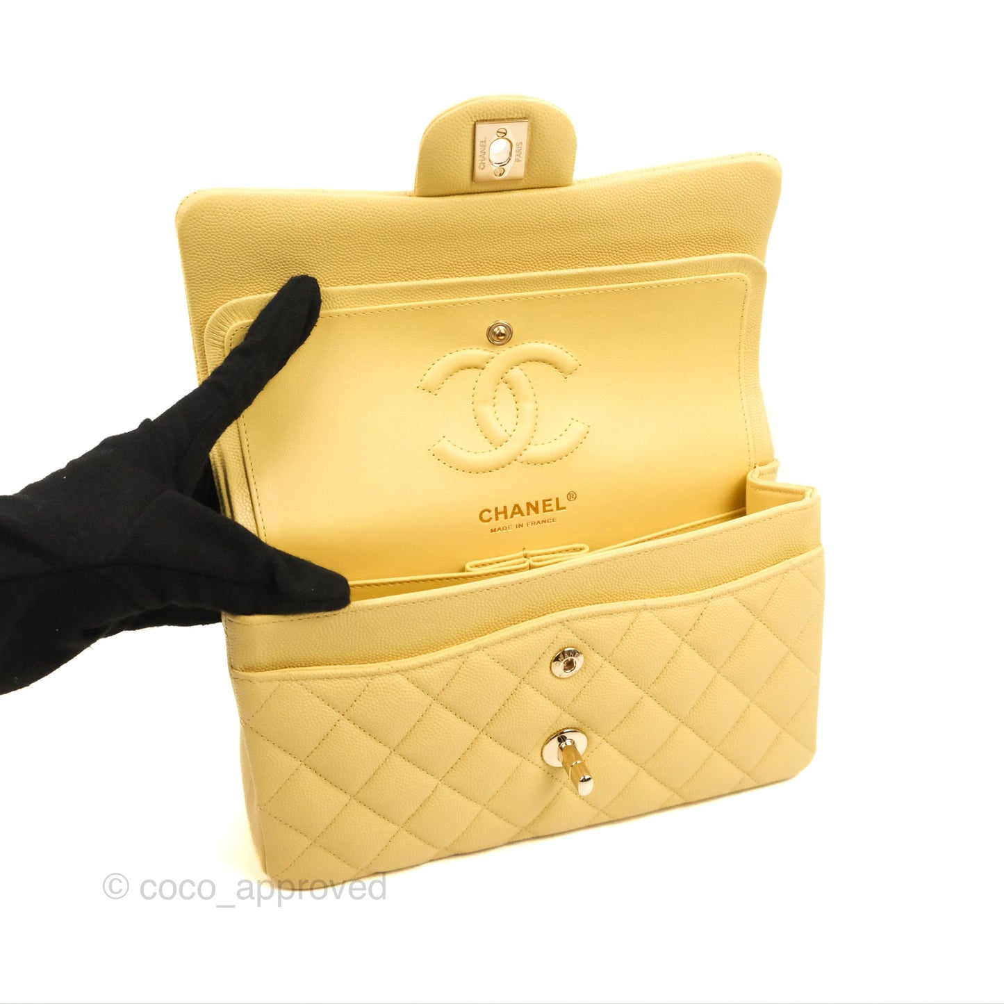 Chanel Small Classic Quilted Flap Yellow Caviar Gold Hardware