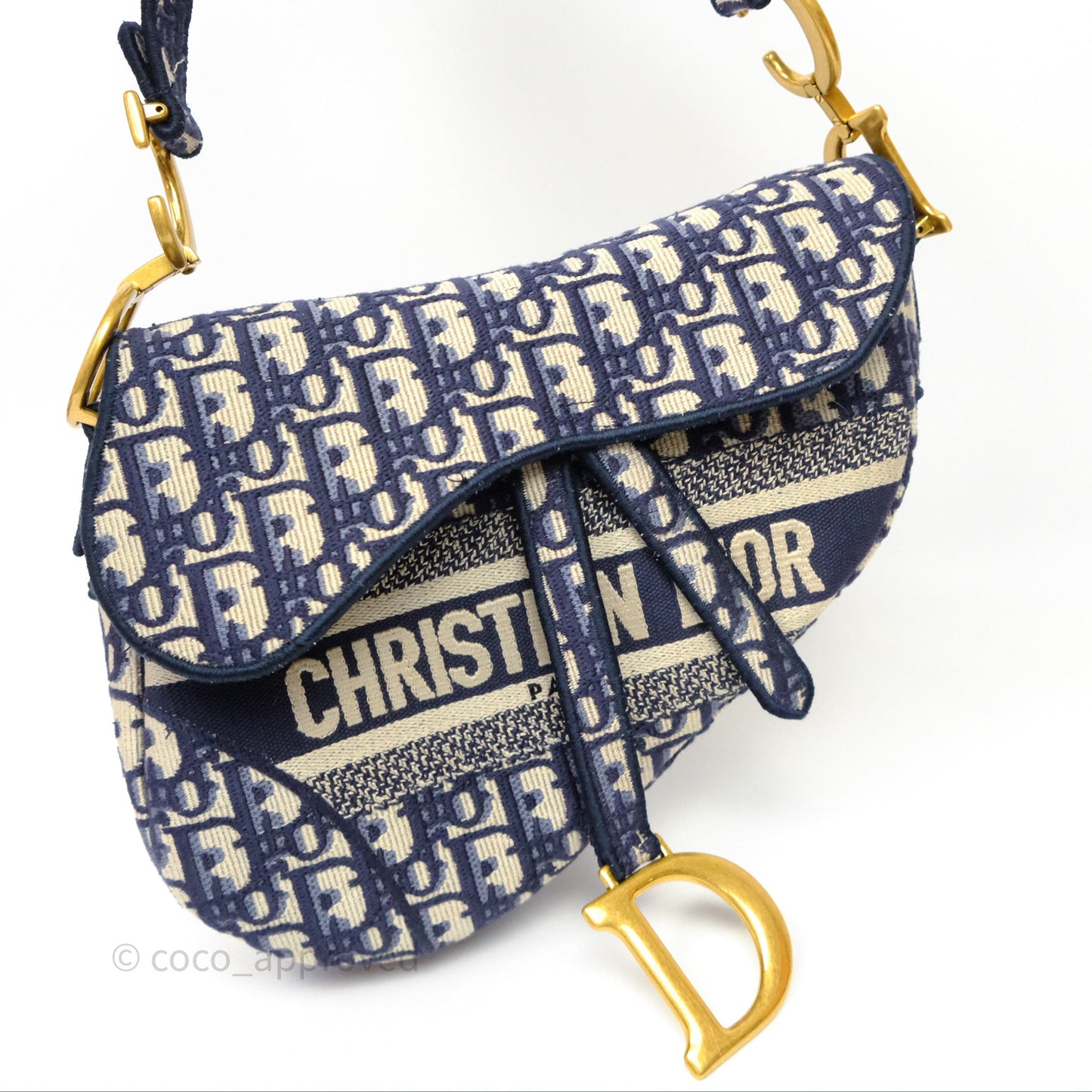 Christian Dior Saddle Bag Navy Dior Oblique Embroidery Gold Hardware