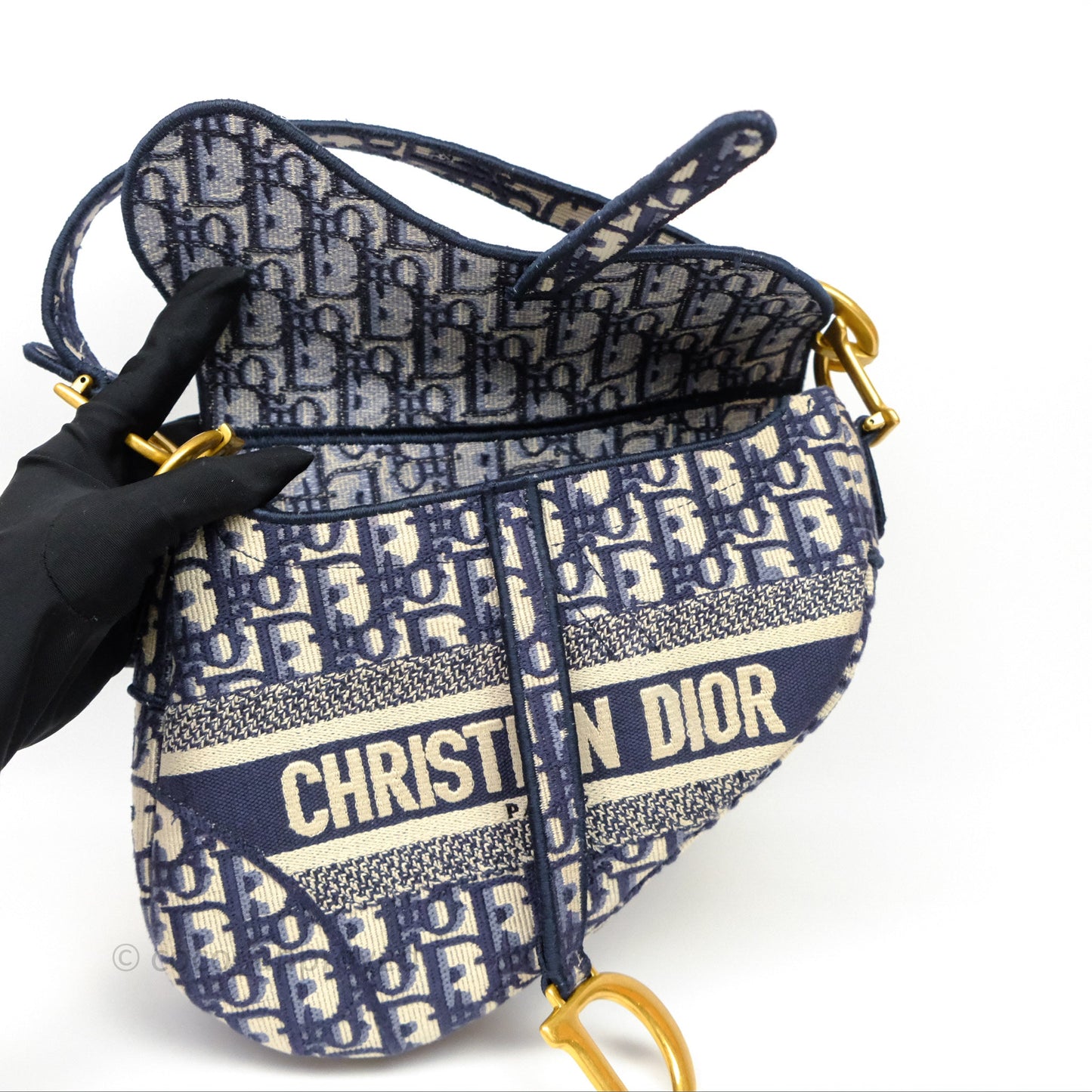 Christian Dior Saddle Bag Navy Dior Oblique Embroidery Gold Hardware