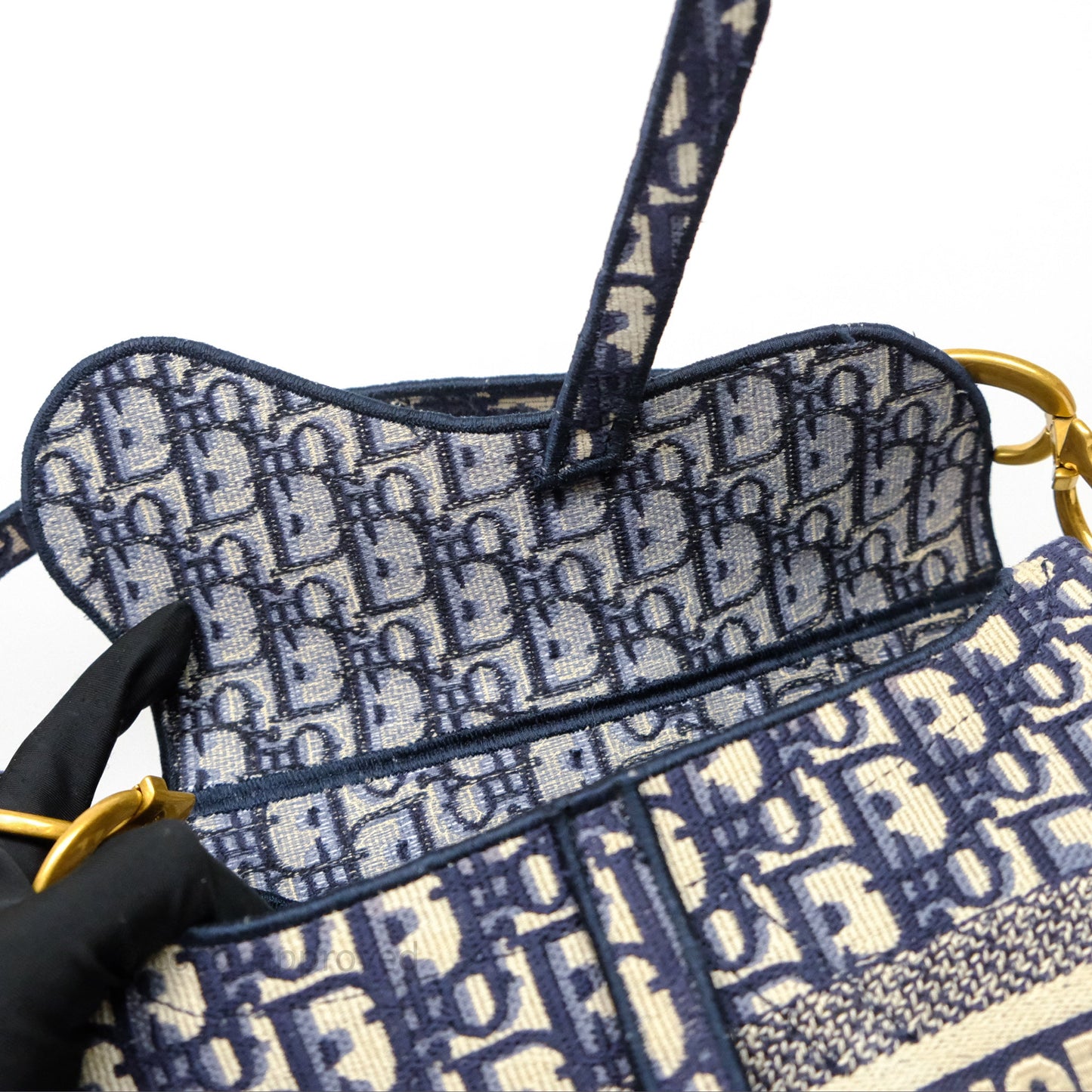 Christian Dior Saddle Bag Navy Dior Oblique Embroidery Gold Hardware