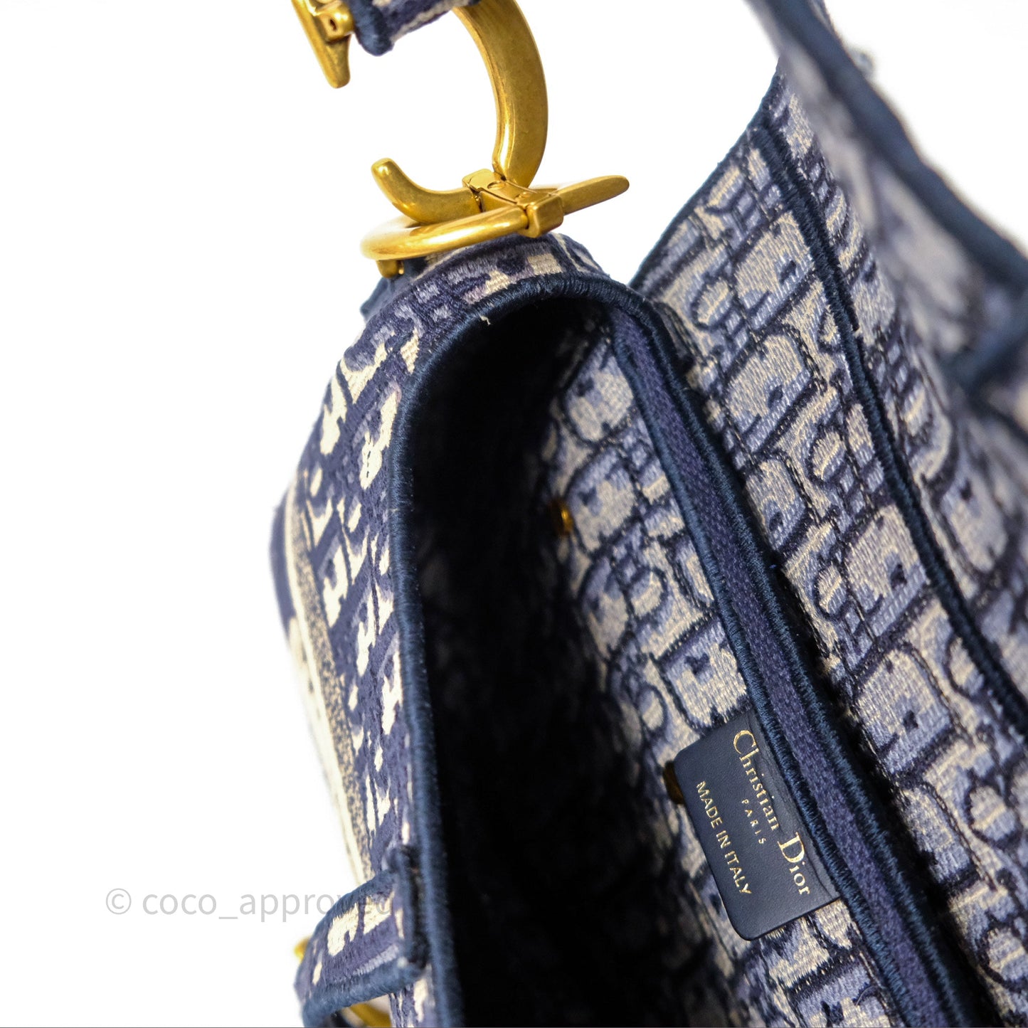 Christian Dior Saddle Bag Navy Dior Oblique Embroidery Gold Hardware