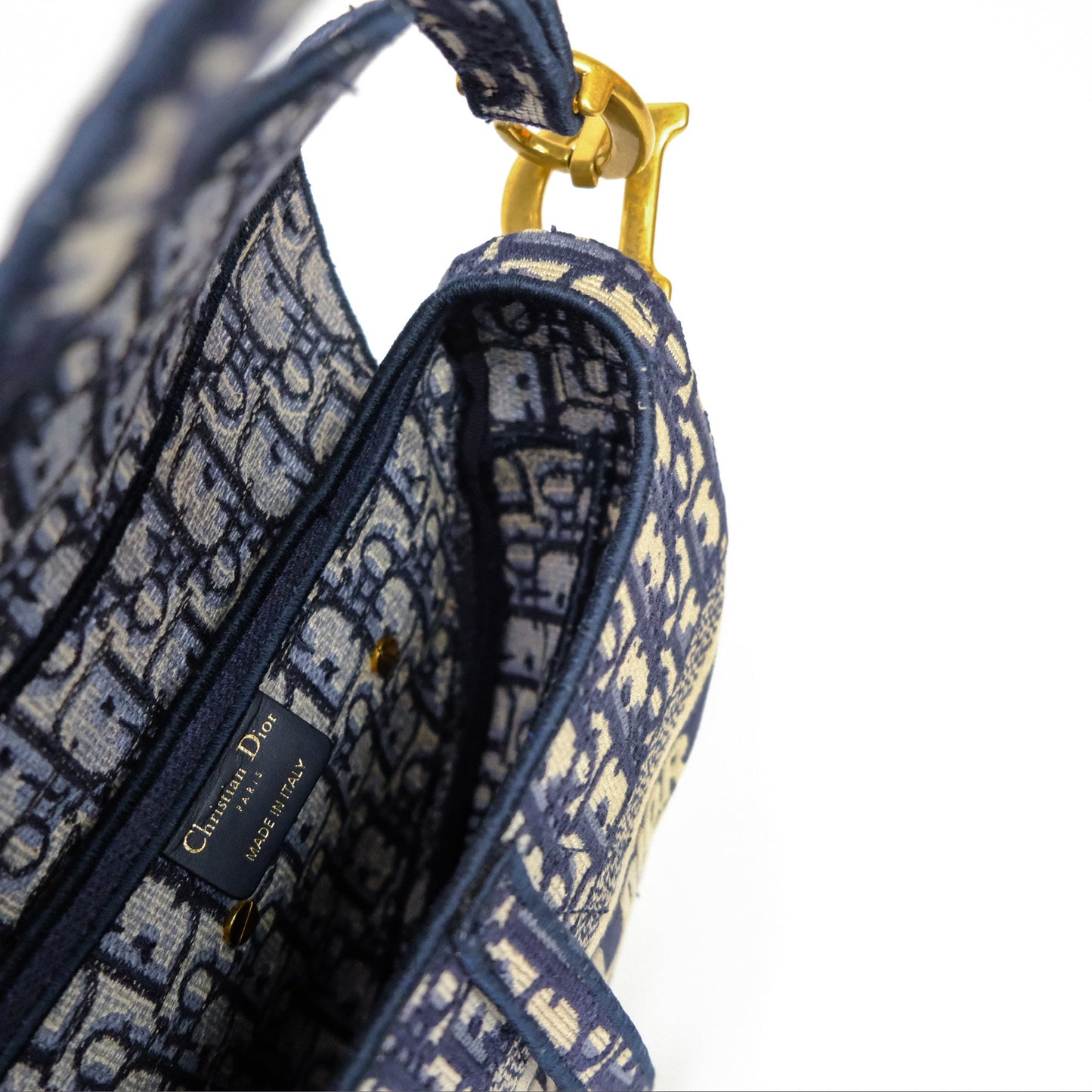 Christian Dior Saddle Bag Navy Dior Oblique Embroidery Gold Hardware