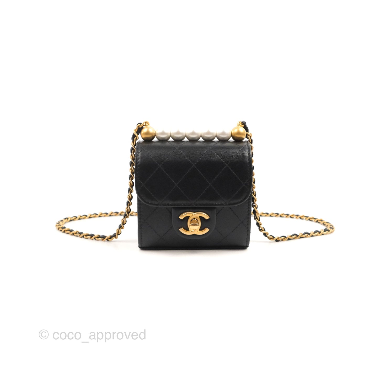 Chanel Mini Chic Pearls Flap Black Goatskin Aged Gold Hardware