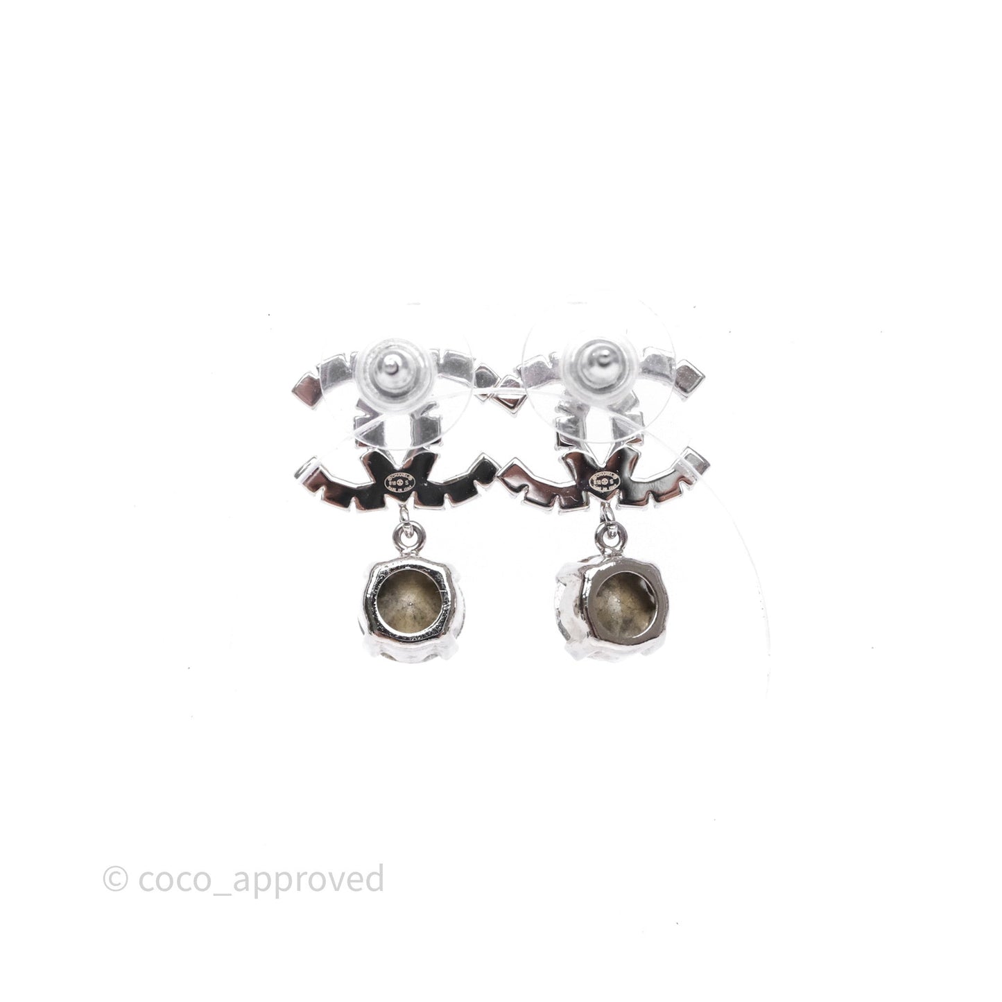 Chanel Crystal CC Drop Earrings Silver Tone 18S