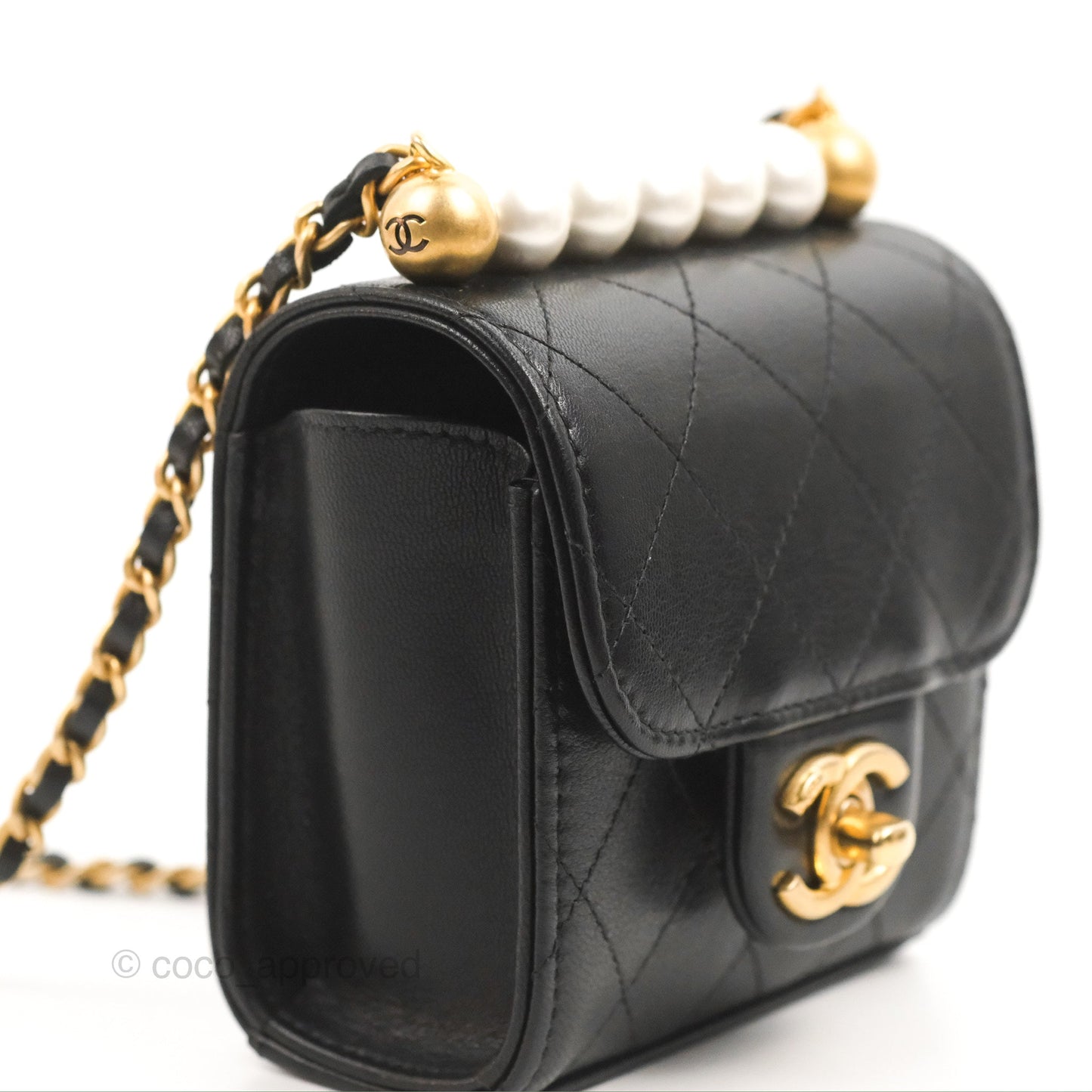 Chanel Mini Chic Pearls Flap Black Goatskin Aged Gold Hardware