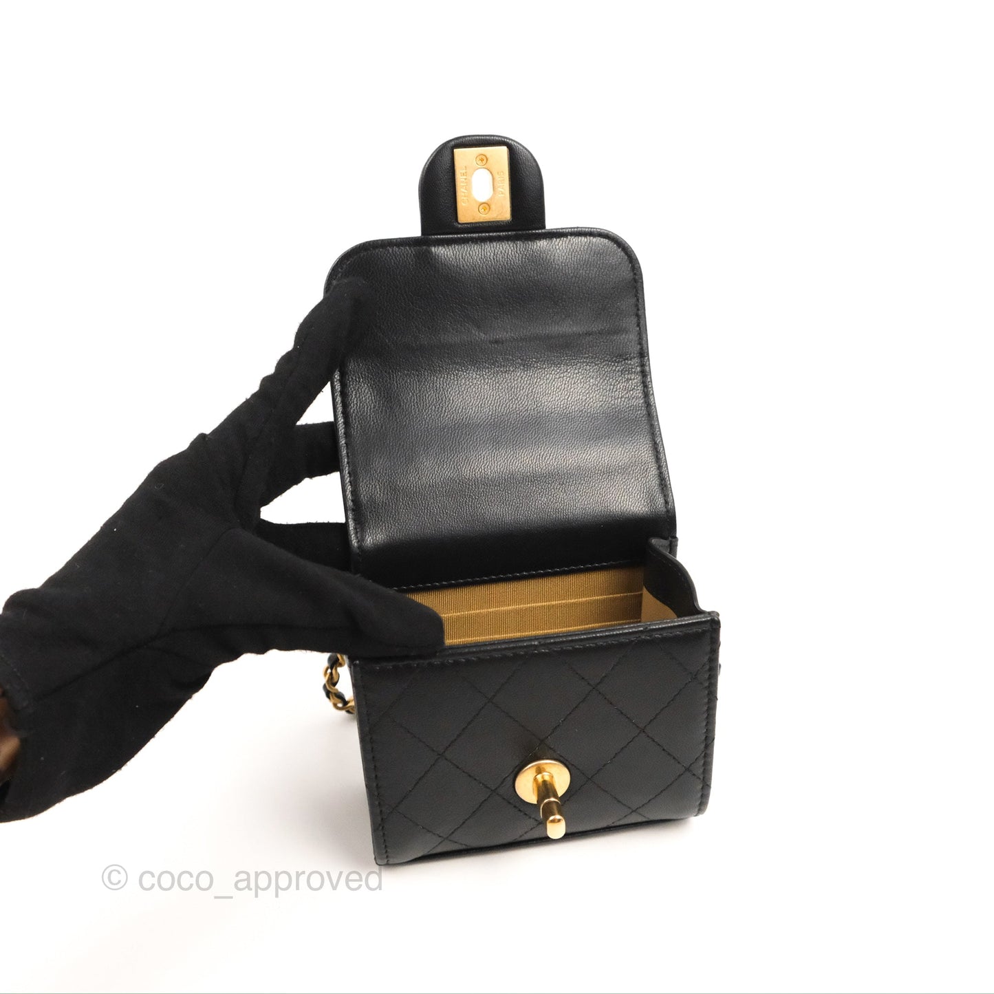 Chanel Mini Chic Pearls Flap Black Goatskin Aged Gold Hardware