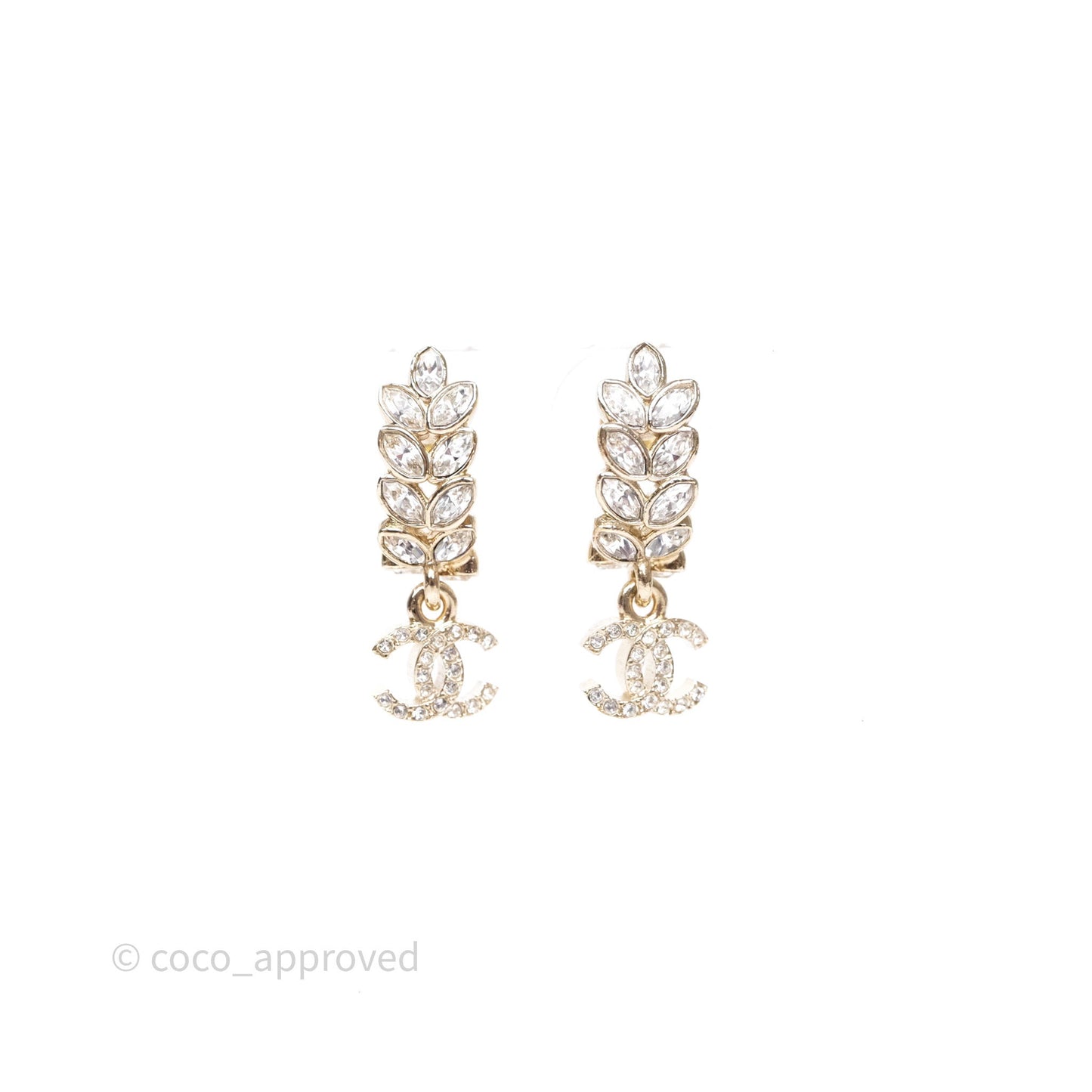 Chanel Leafy Crystal CC Drop Earrings Gold Tone 23S