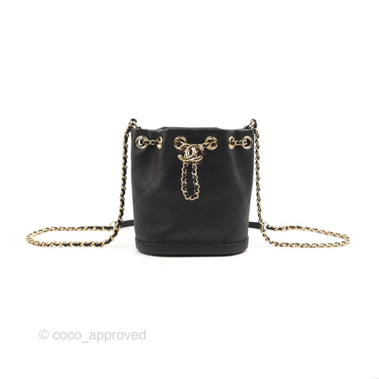 Chanel Quilted Drawstring Bucket Bag Black Calfskin Gold Hardware