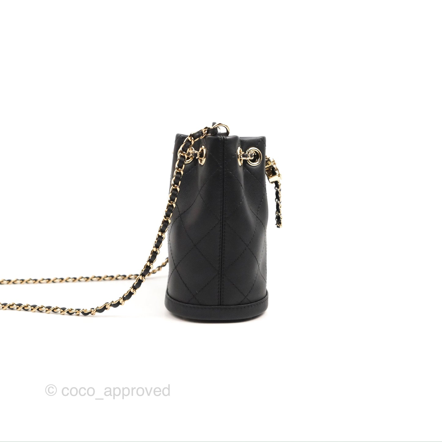 Chanel Quilted Drawstring Bucket Bag Black Calfskin Gold Hardware