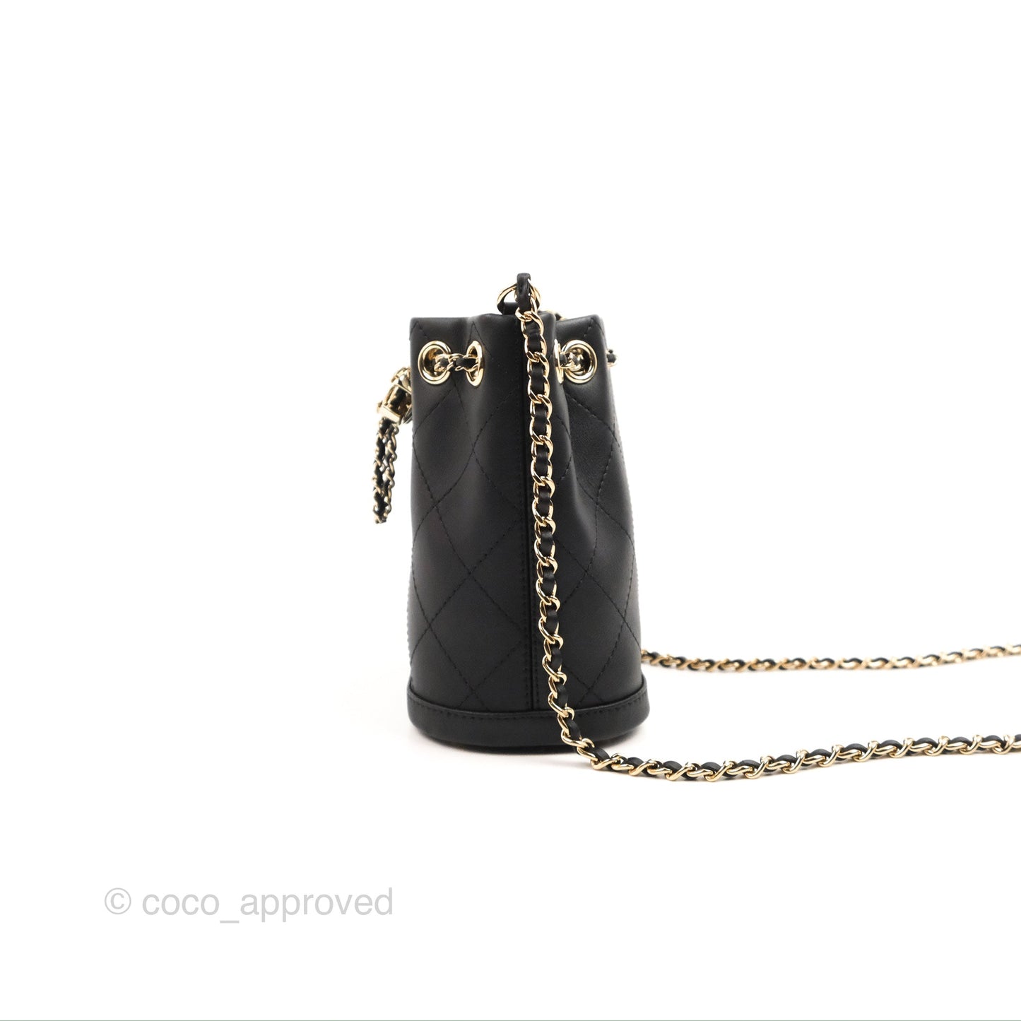 Chanel Quilted Drawstring Bucket Bag Black Calfskin Gold Hardware