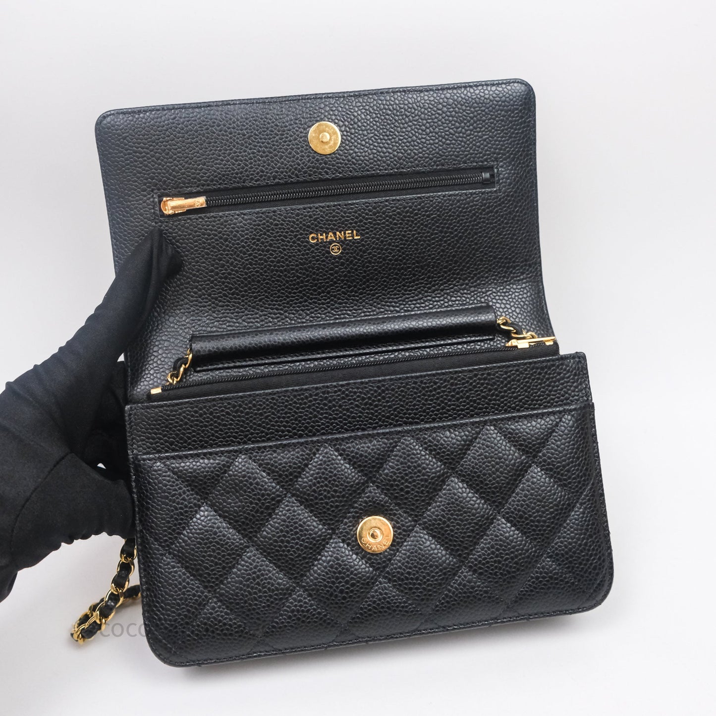 Chanel Classic Wallet On Chain WOC Quilted Black Caviar Gold Hardware