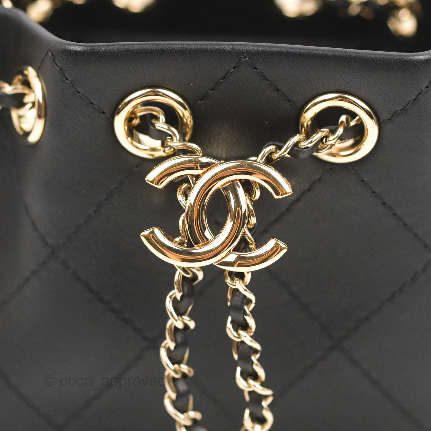 Chanel Quilted Drawstring Bucket Bag Black Calfskin Gold Hardware