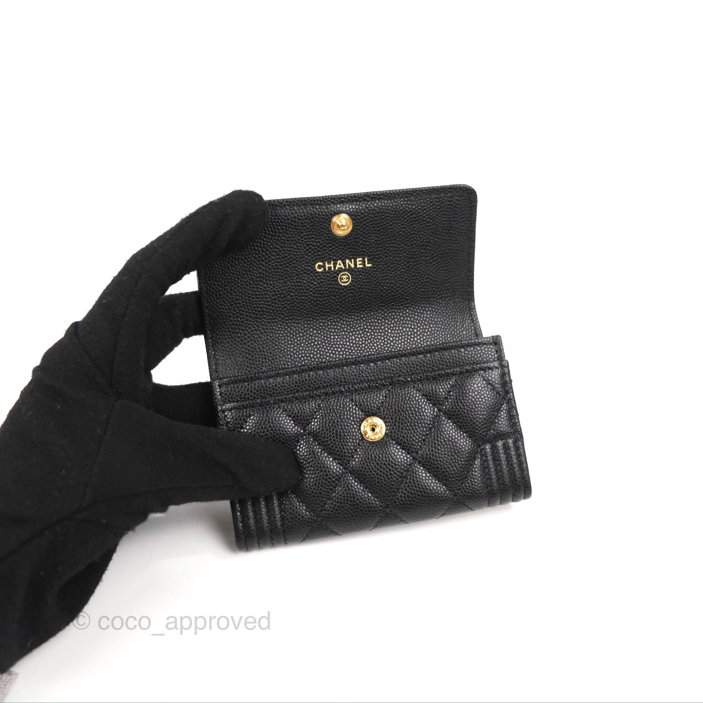 Chanel Quilted Boy Flap Card Holder Black Caviar Aged Gold Hardware