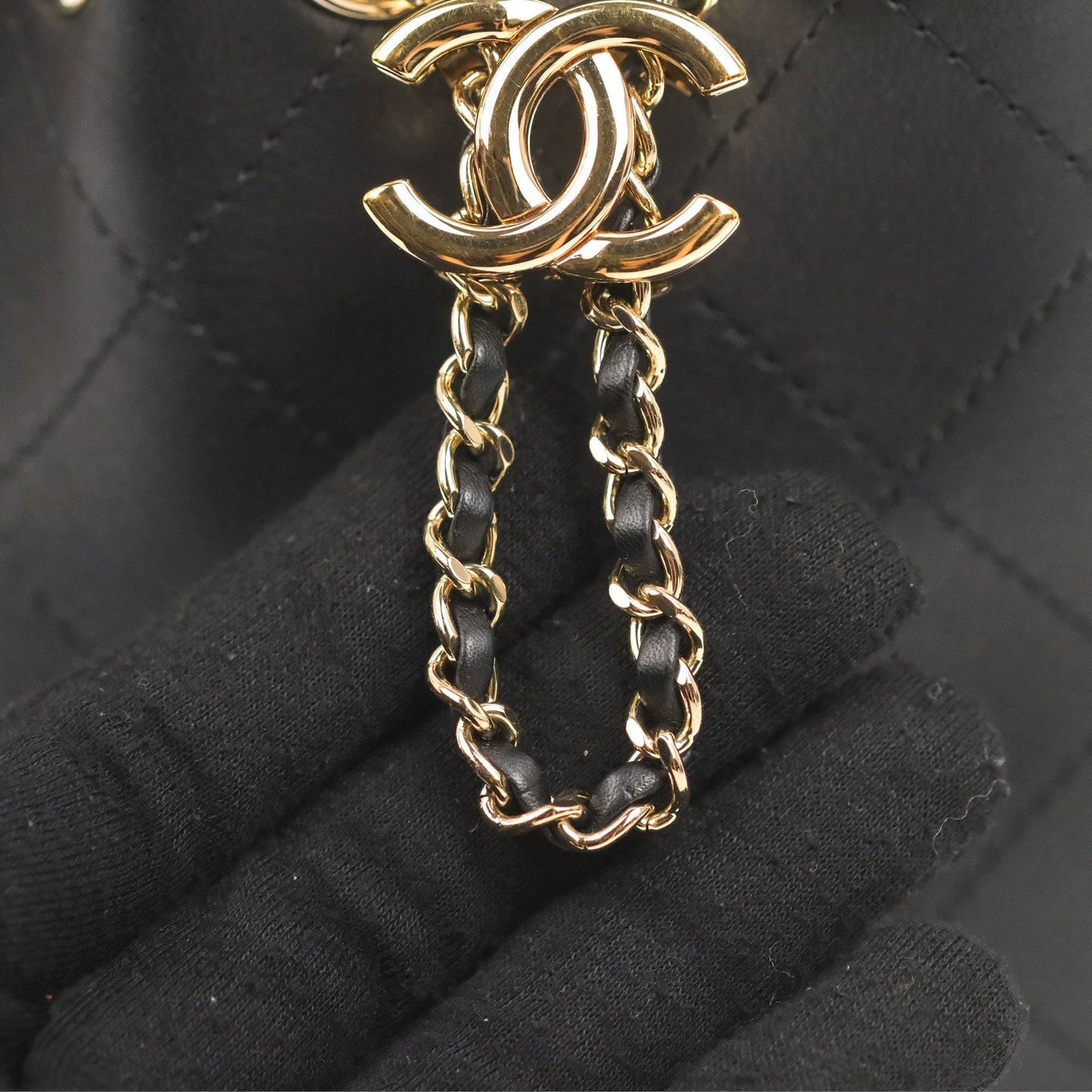 Chanel Quilted Drawstring Bucket Bag Black Calfskin Gold Hardware
