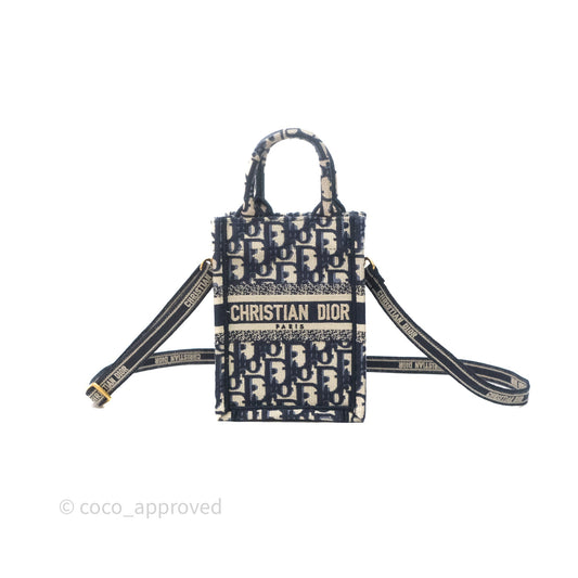 Christian Dior Mini Vertical Navy Oblique Embroidery Canvas Book Tote