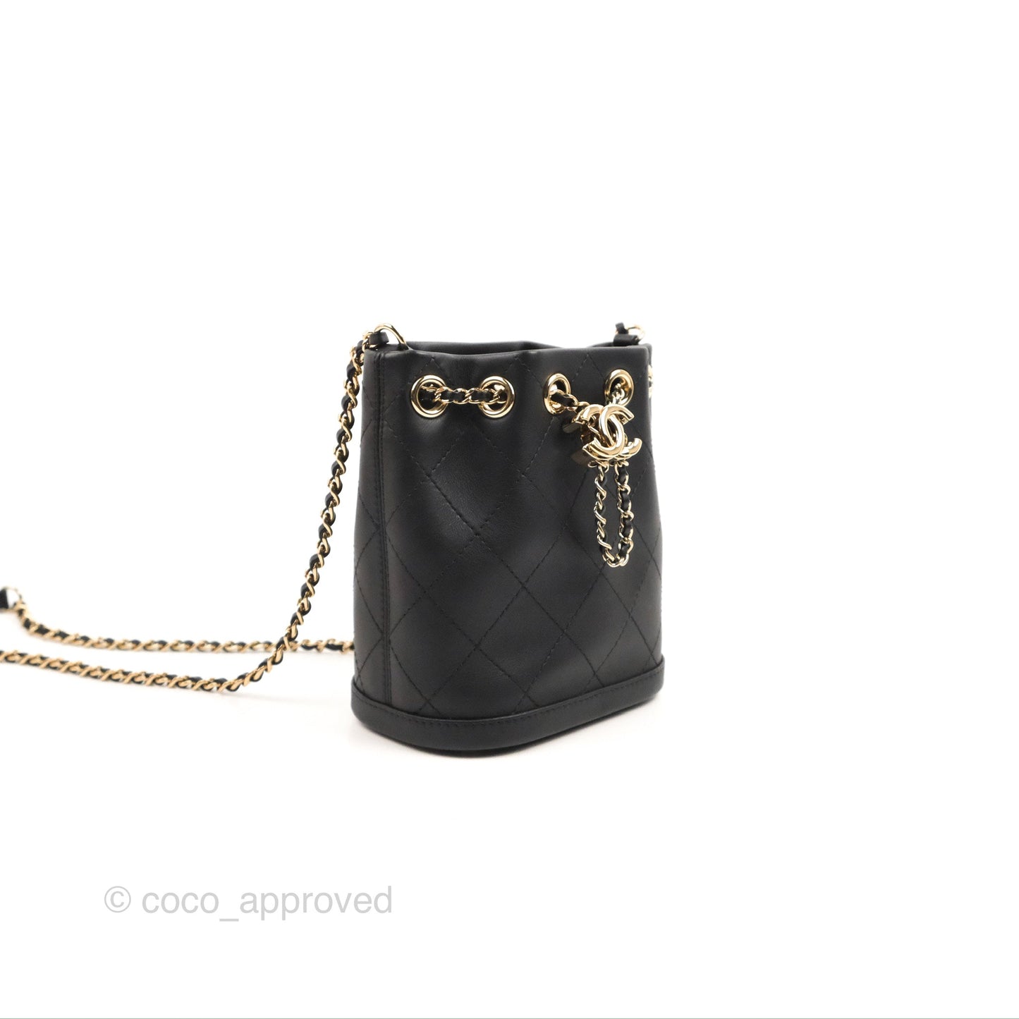 Chanel Quilted Drawstring Bucket Bag Black Calfskin Gold Hardware