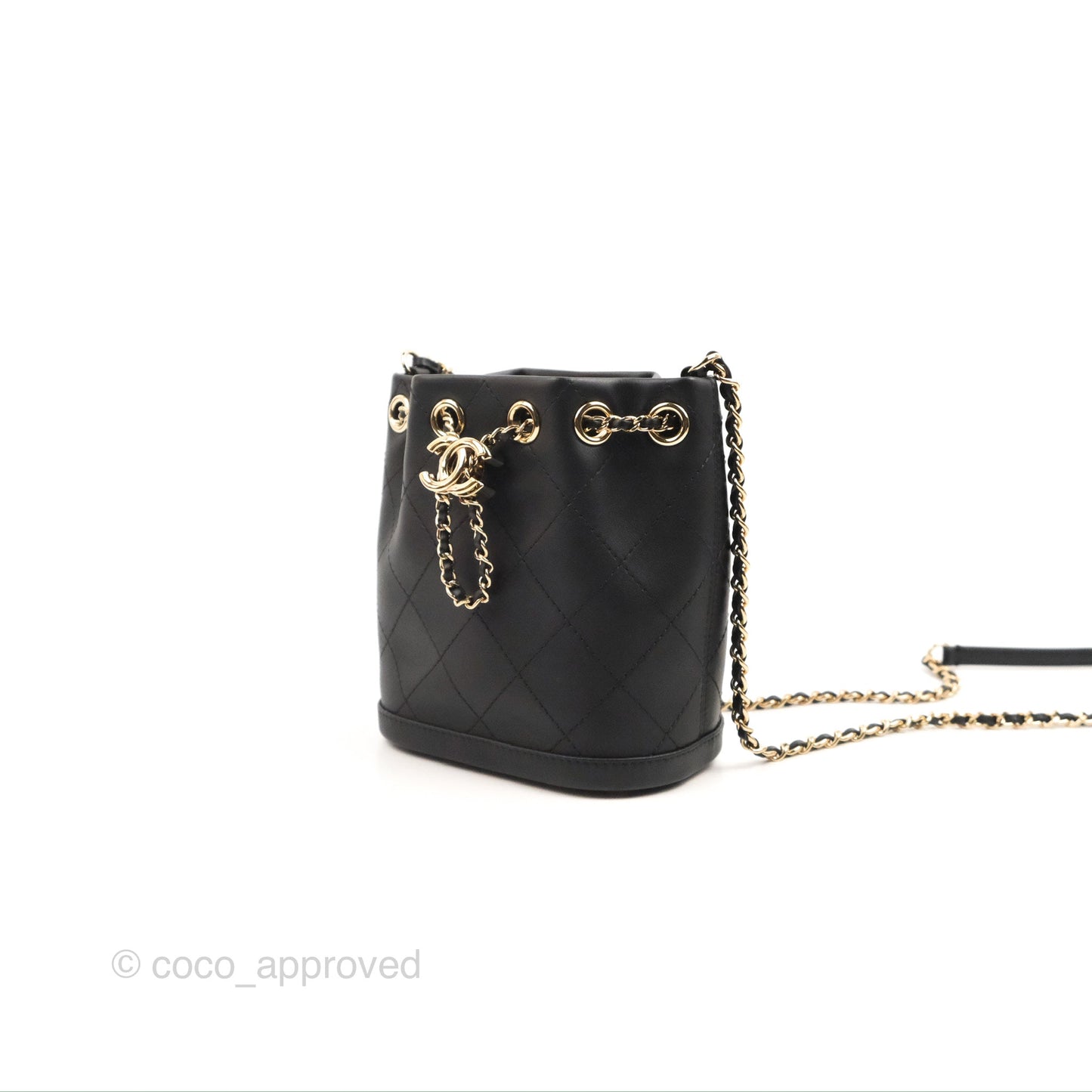 Chanel Quilted Drawstring Bucket Bag Black Calfskin Gold Hardware