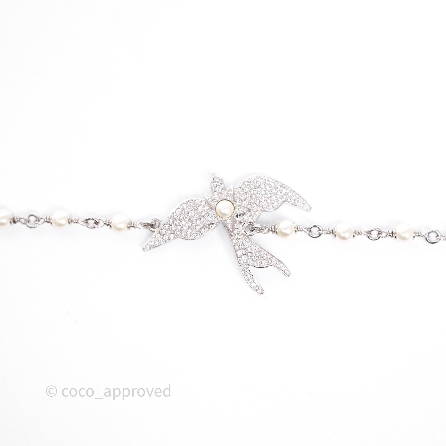 Chanel Crystal Pearl Swallow CC Long Necklace Silver Tone 25S