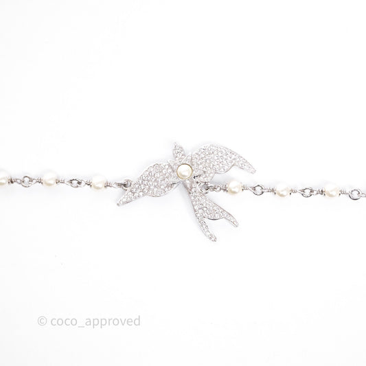 Chanel Crystal Pearl Swallow CC Long Necklace Silver Tone 25S