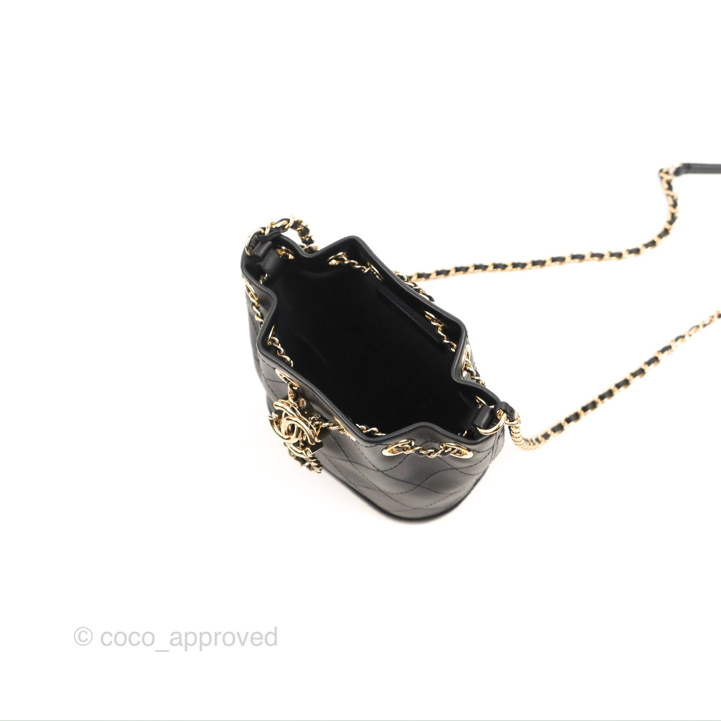 Chanel Quilted Drawstring Bucket Bag Black Calfskin Gold Hardware