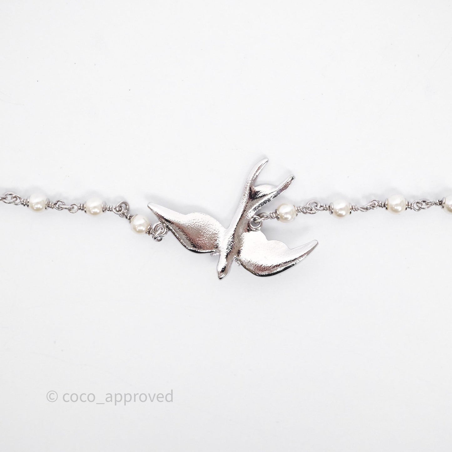 Chanel Crystal Pearl Swallow CC Long Necklace Silver Tone 25S