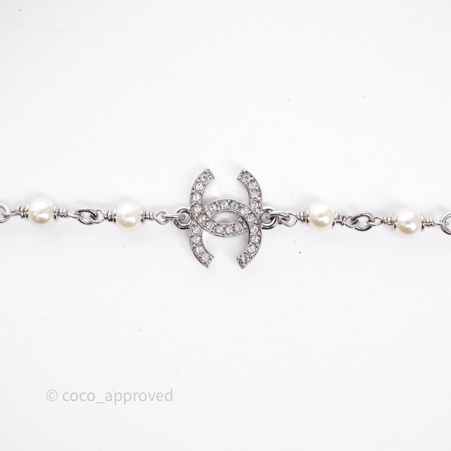 Chanel Crystal Pearl Swallow CC Long Necklace Silver Tone 25S