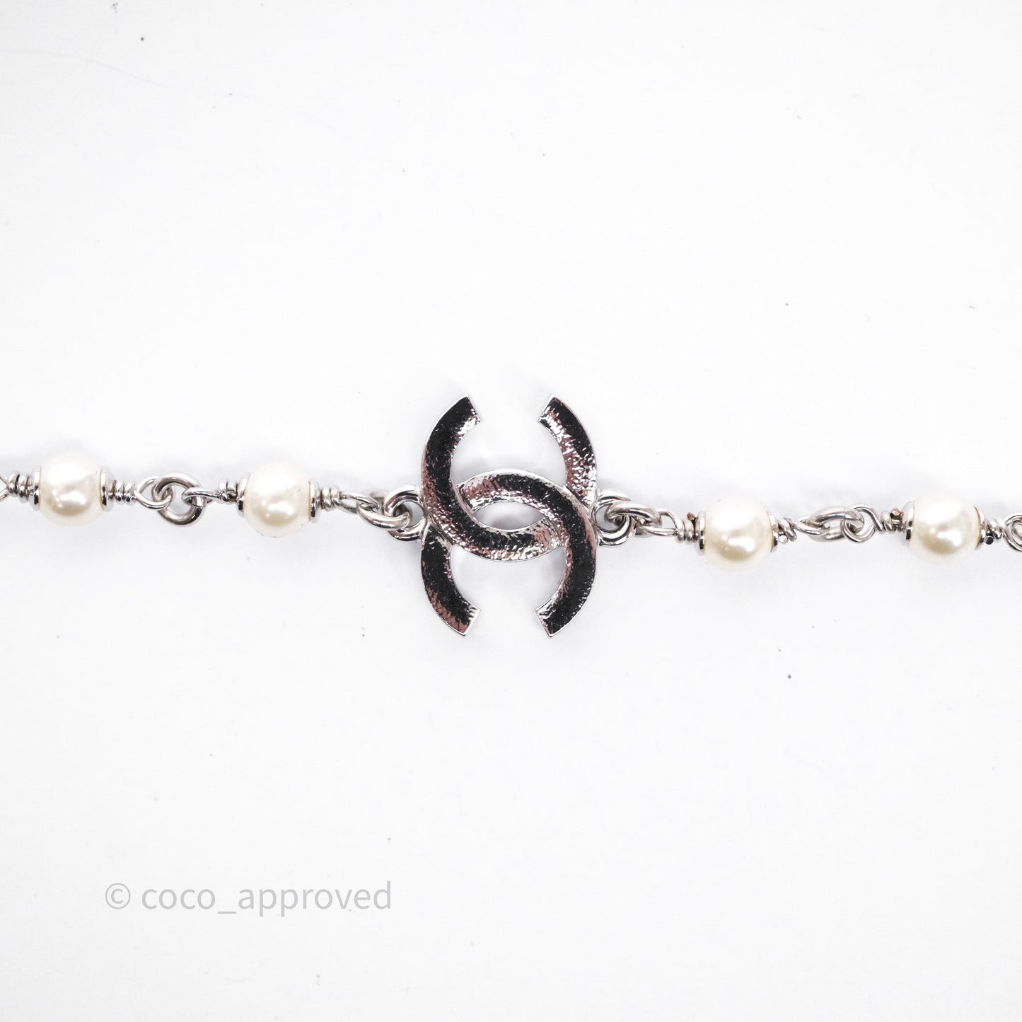 Chanel Crystal Pearl Swallow CC Long Necklace Silver Tone 25S