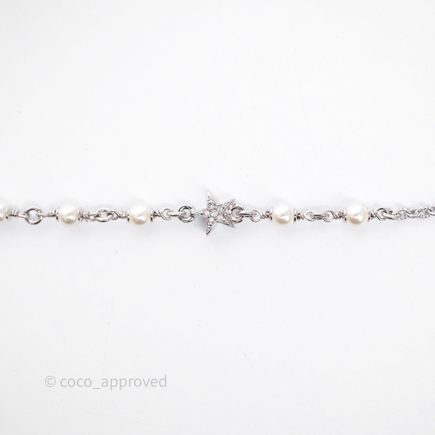 Chanel Crystal Pearl Swallow CC Long Necklace Silver Tone 25S